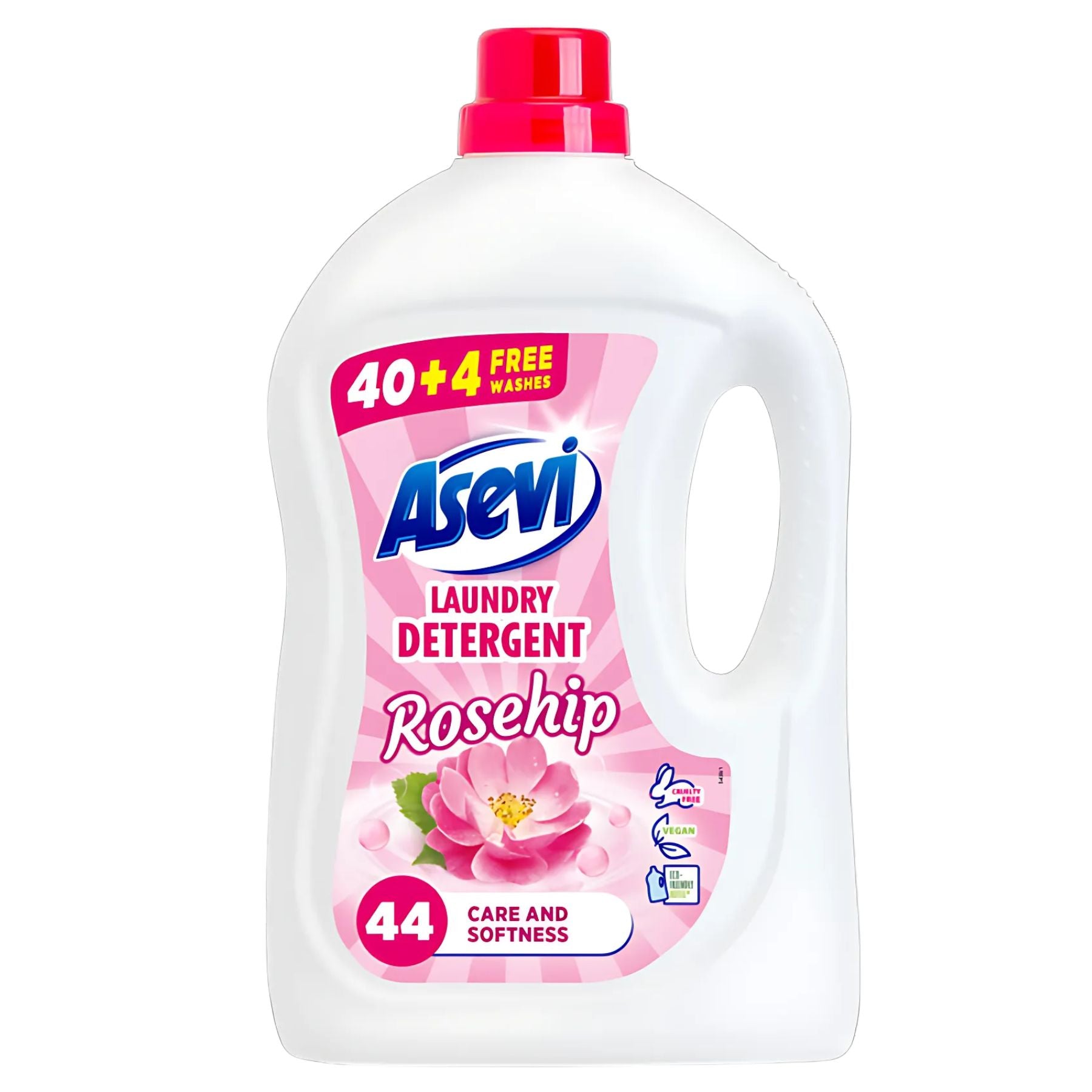 Asevi Laundry Detergent Rosehip, 2376ml for 44 washes, comes in a white plastic bottle with a pink cap, offering concentrated care and softness with a delicate rosehip fragrance and a rosehip flower graphic on the label. Asevi Laundry Detergent Rosehip, 2376ml for 44 washes, comes in a white plastic bottle with a pink cap, offering concentrated care and softness with a delicate rosehip fragrance and a rosehip flower graphic on the label.