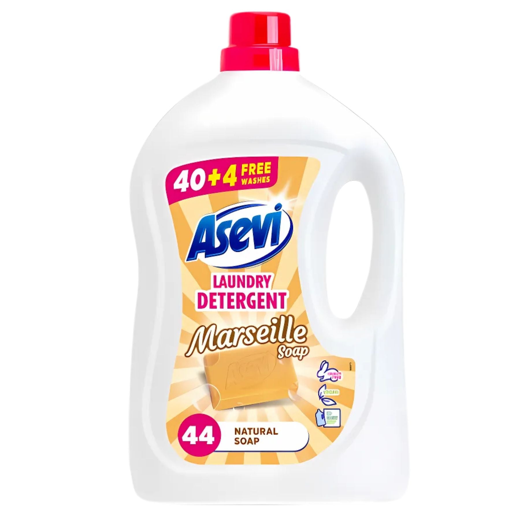 Asevi - Marseille Soap Laundry Detergent 44 Washes (2.4L) offers 4 washes free with each bottle—ideal for powerful yet gentle laundry care. Asevi - Marseille Soap Laundry Detergent 44 Washes (2.4L) offers 4 washes free with each bottle—ideal for powerful yet gentle laundry care.
