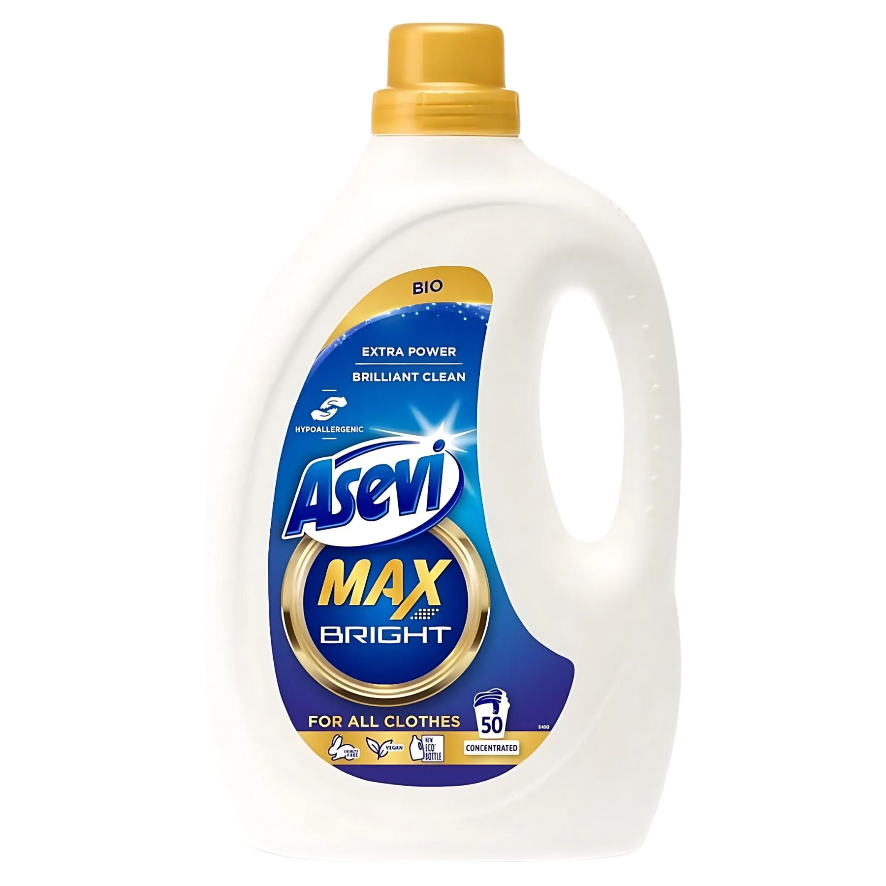 Asevi Max Bright Liquid Detergent, 2500ml, provides effective stain removal for all clothes and lasts up to 50 washes. Asevi Max Bright Liquid Detergent, 2500ml, provides effective stain removal for all clothes and lasts up to 50 washes.
