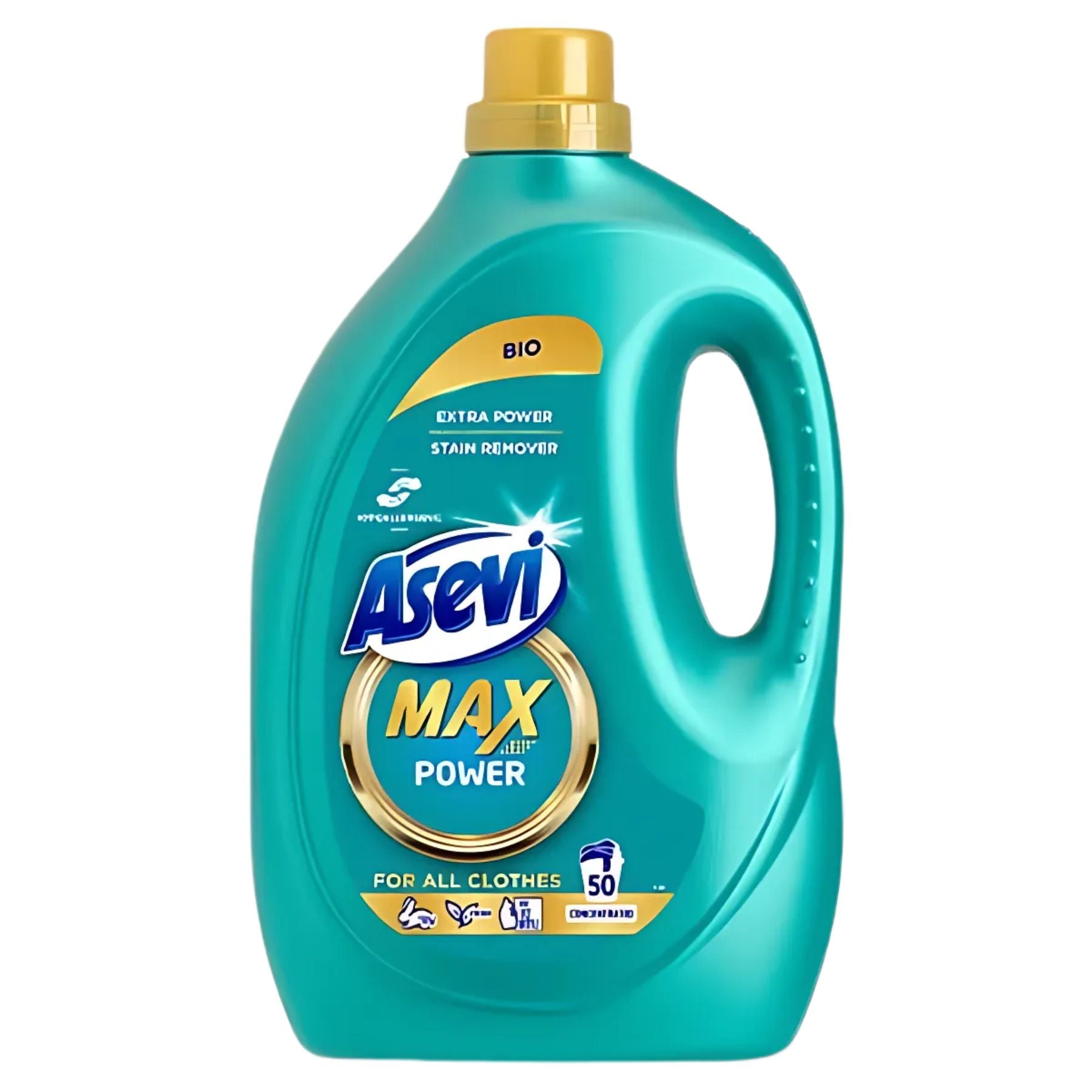 Asevi Max Power Bio Liquid Detergent (2500ml) offers powerful stain removal for up to 50 washes. Its hypoallergenic formula ensures a gentle yet effective clean. Comes in a large bottle with handle and yellow cap. Asevi Max Power Bio Liquid Detergent (2500ml) offers powerful stain removal for up to 50 washes. Its hypoallergenic formula ensures a gentle yet effective clean. Comes in a large bottle with handle and yellow cap.