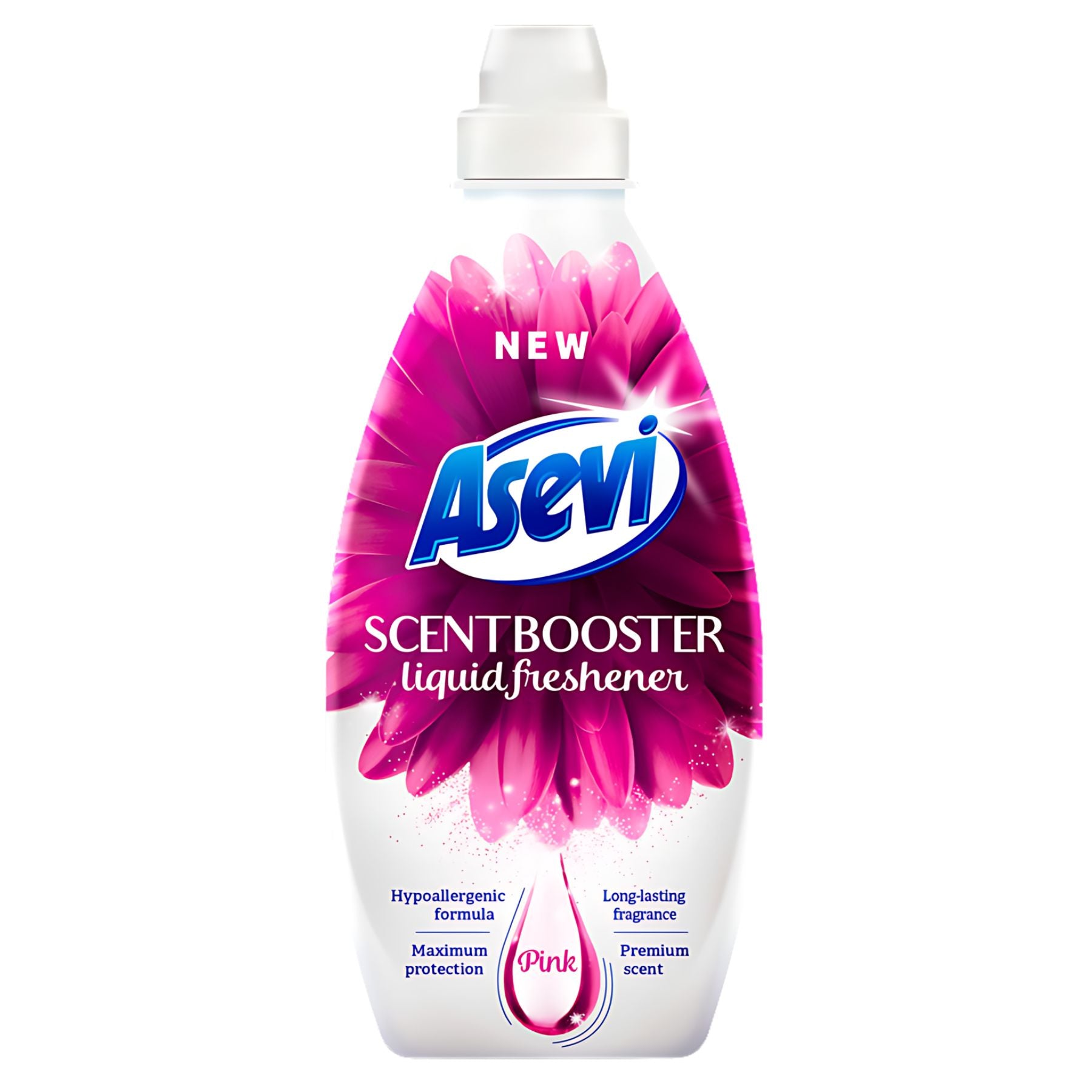 A white and pink bottle of Asevi - Pink Scent Booster Liquid Freshener (720ml) with text highlighting its hypoallergenic formula, long-lasting fragrance, and maximum protection. A white and pink bottle of Asevi - Pink Scent Booster Liquid Freshener (720ml) with text highlighting its hypoallergenic formula, long-lasting fragrance, and maximum protection.