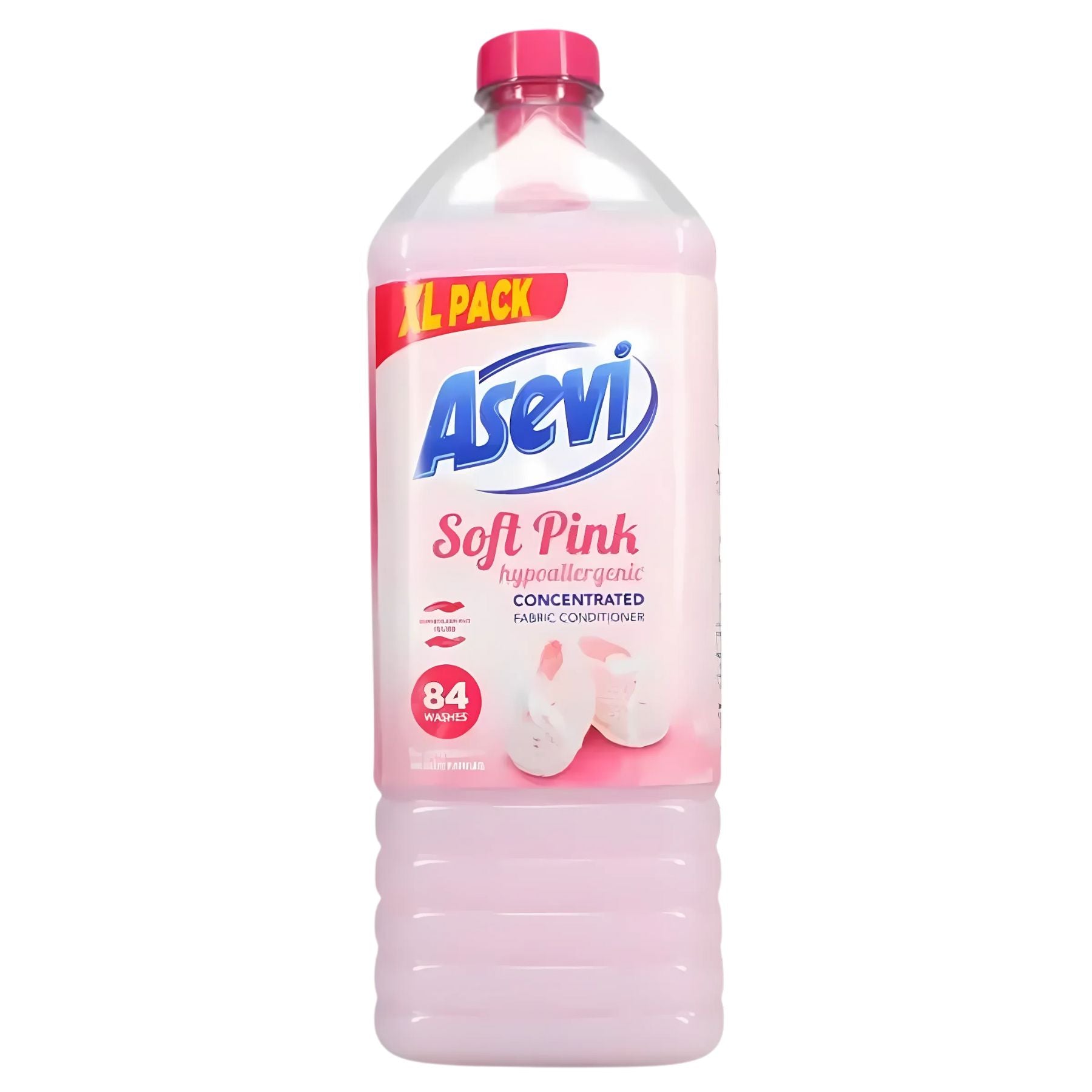 Asevi Soft Pink Hypoallergenic Concentrated Fabric Conditioner, 1932ml with pink cap and label, is designed for sensitive skin and provides up to 84 washes. Asevi Soft Pink Hypoallergenic Concentrated Fabric Conditioner, 1932ml with pink cap and label, is designed for sensitive skin and provides up to 84 washes.