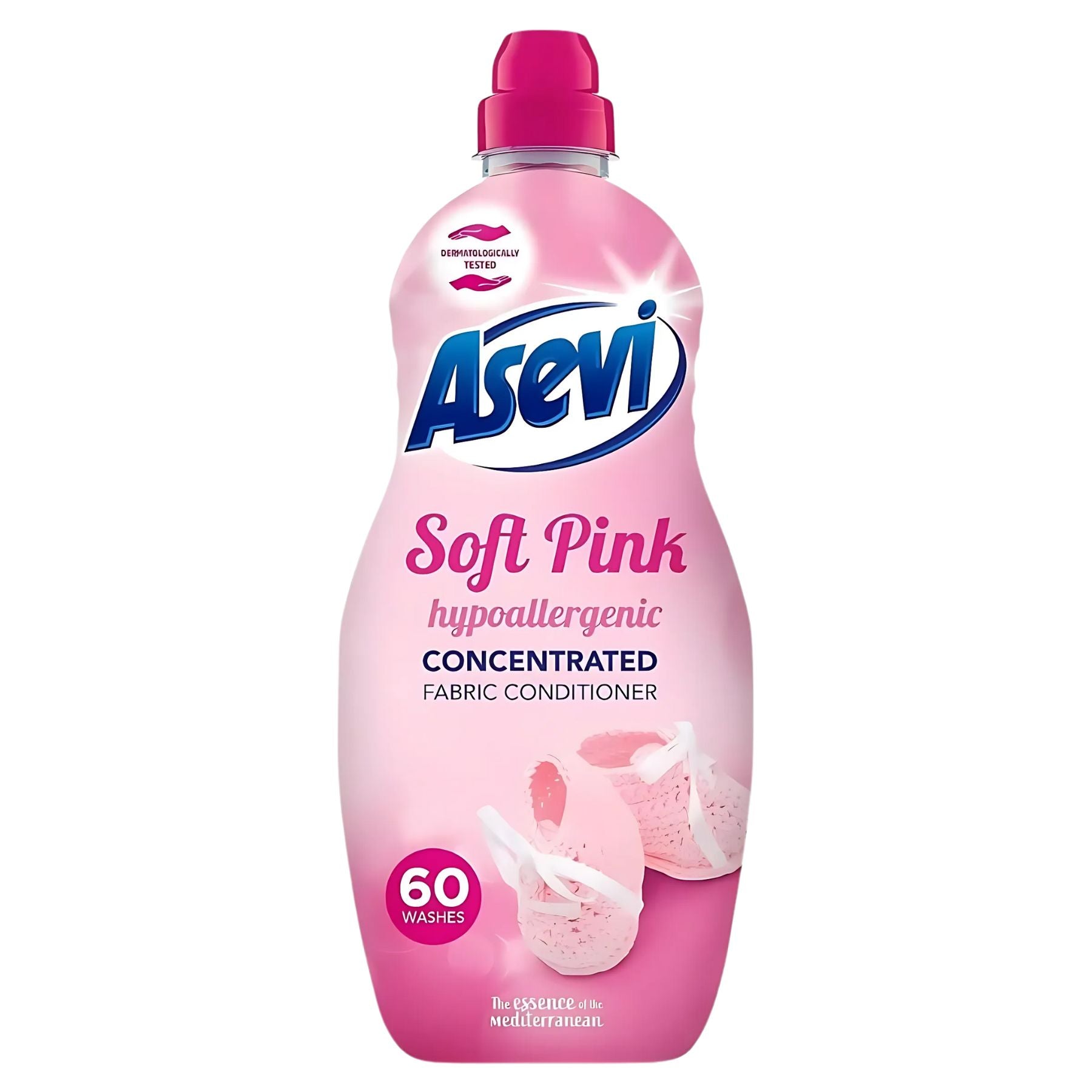 Asevi - Soft Pink Hypoallergenic Fabric Conditioner (1380ml, 60 washes) features a pink design with baby shoes, ideal for sensitive skin. Asevi - Soft Pink Hypoallergenic Fabric Conditioner (1380ml, 60 washes) features a pink design with baby shoes, ideal for sensitive skin.