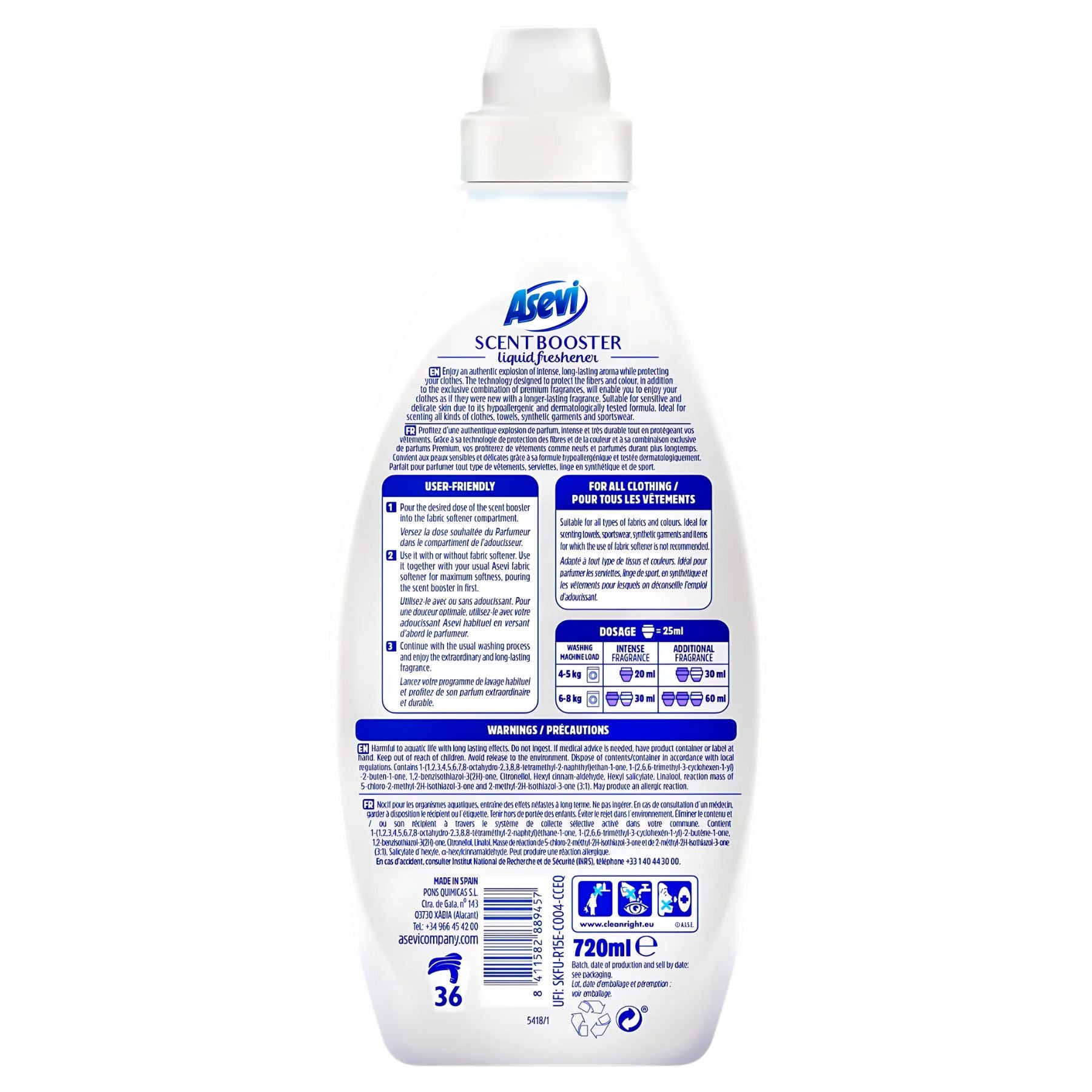 Back of an Asevi - Blue Scent Booster Liquid Freshener 36 Washes (720ml) bottle with product info, instructions, warnings, and icons on white—your go-to fabric scent booster and laundry freshener for long-lasting freshness. Back of an Asevi - Blue Scent Booster Liquid Freshener 36 Washes (720ml) bottle with product info, instructions, warnings, and icons on white—your go-to fabric scent booster and laundry freshener for long-lasting freshness.