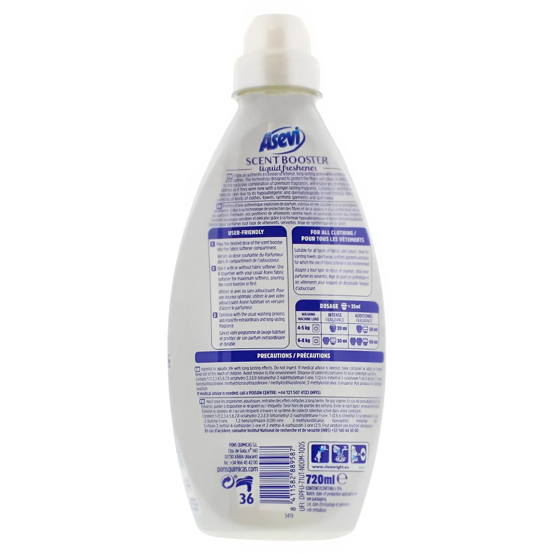 Back view of the Asevi - Green Scent Booster Liquid Freshener 36 Washes (720ml) showing its hypoallergenic formula, long-lasting fragrance, and detailed product info, instructions, and precautions on the label. Back view of the Asevi - Green Scent Booster Liquid Freshener 36 Washes (720ml) showing its hypoallergenic formula, long-lasting fragrance, and detailed product info, instructions, and precautions on the label.