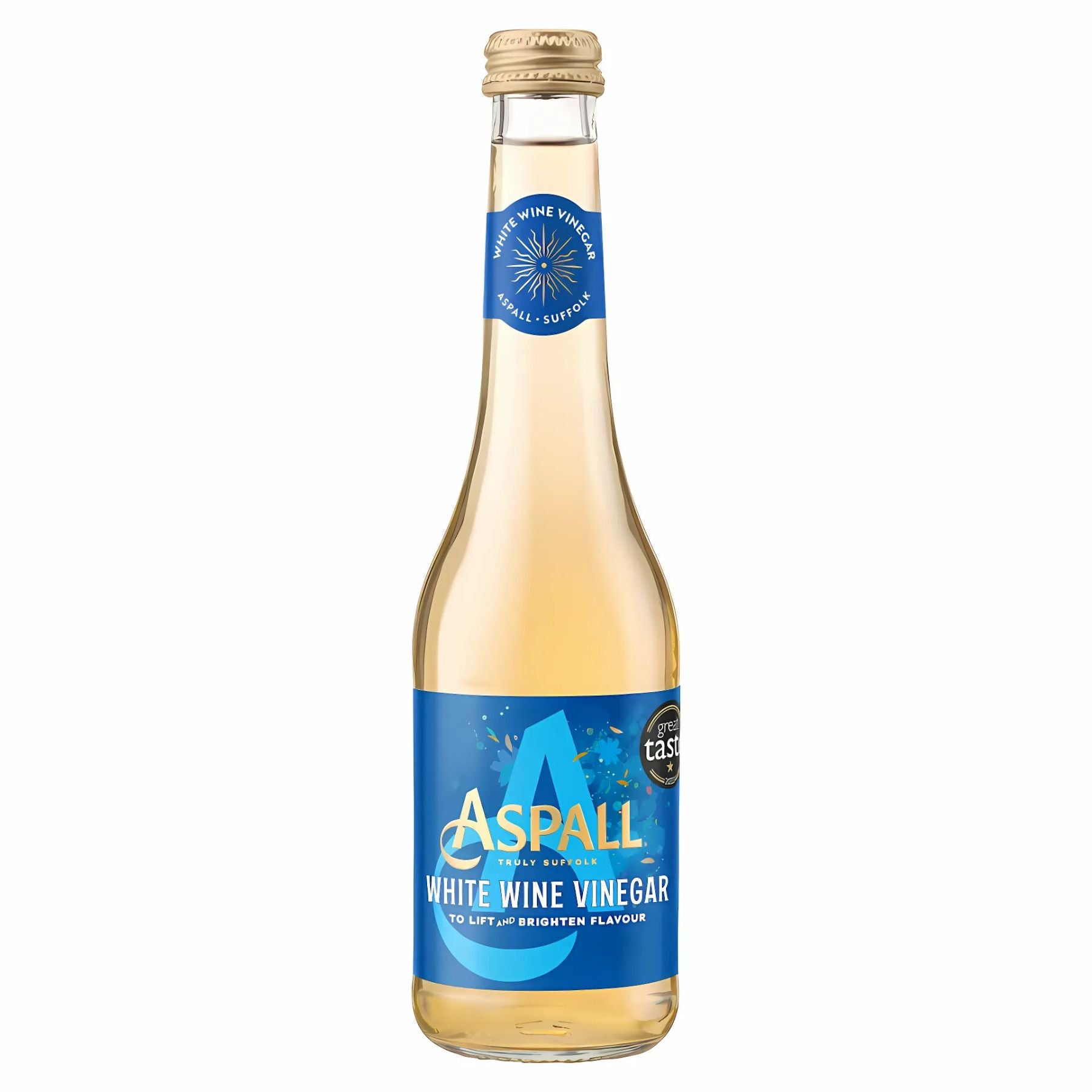 A 350ml clear glass bottle of Aspall White Wine Vinegar with a blue label, gold cap, and pale yellow liquid. A 350ml clear glass bottle of Aspall White Wine Vinegar with a blue label, gold cap, and pale yellow liquid.