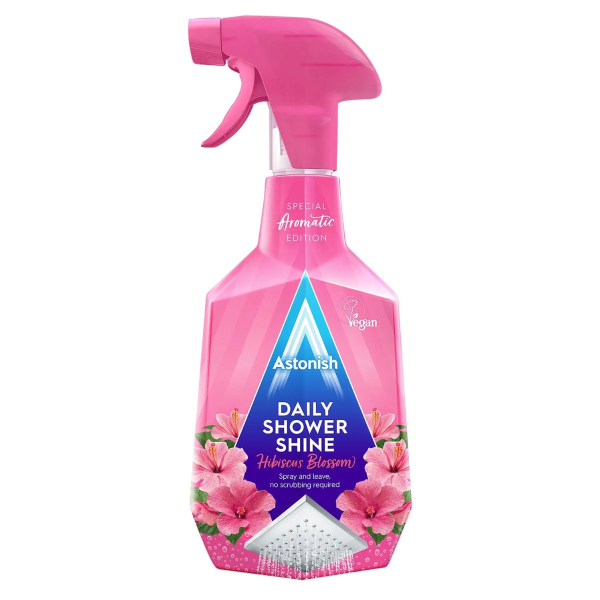 A bottle of Astonish - Daily Shower Shine Hibiscus Blossom - 750ml with pink flowers. A bottle of Astonish - Daily Shower Shine Hibiscus Blossom - 750ml with pink flowers.