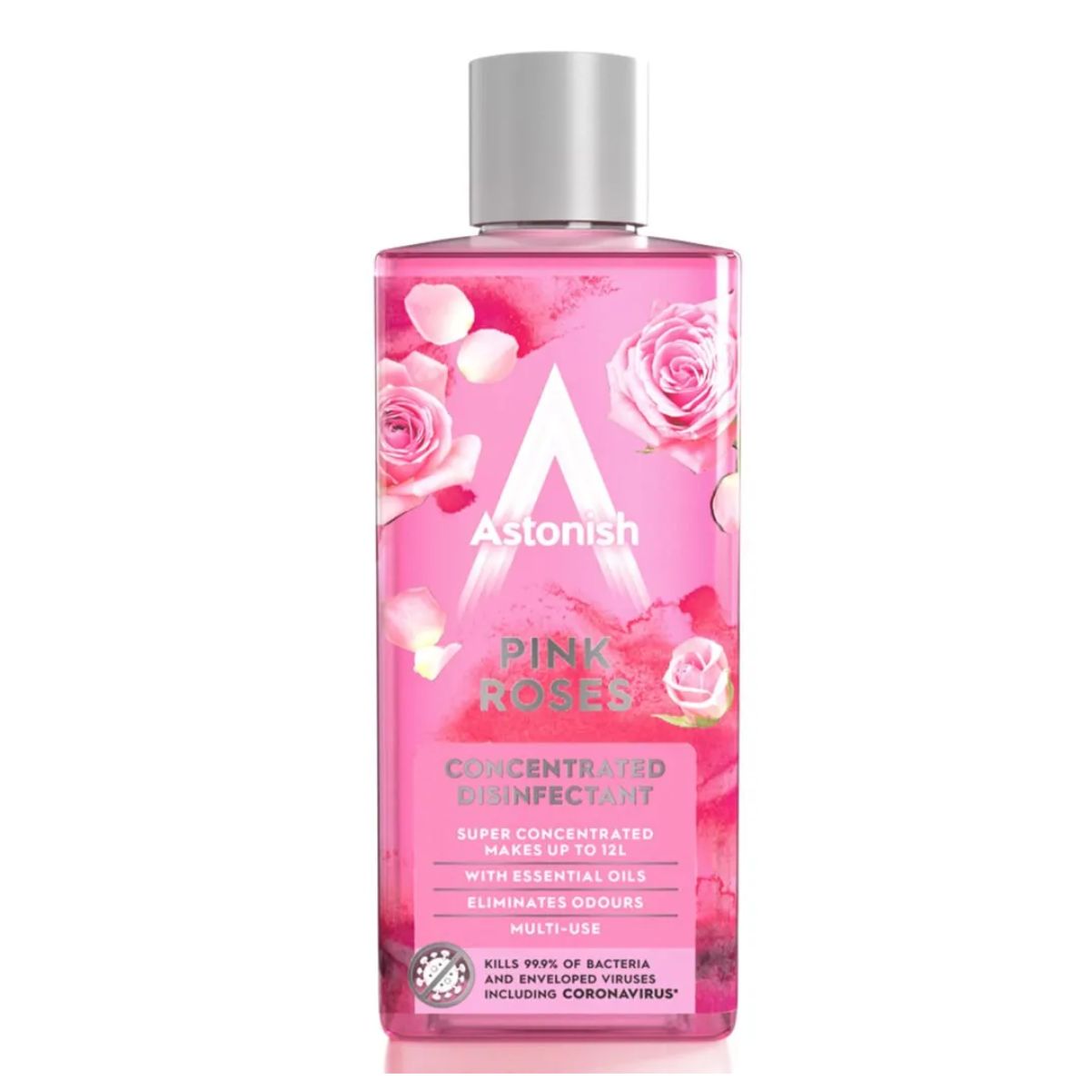 A bottle of Astonish - Disinfectant Pink Roses - 300ml body wash on a white background.