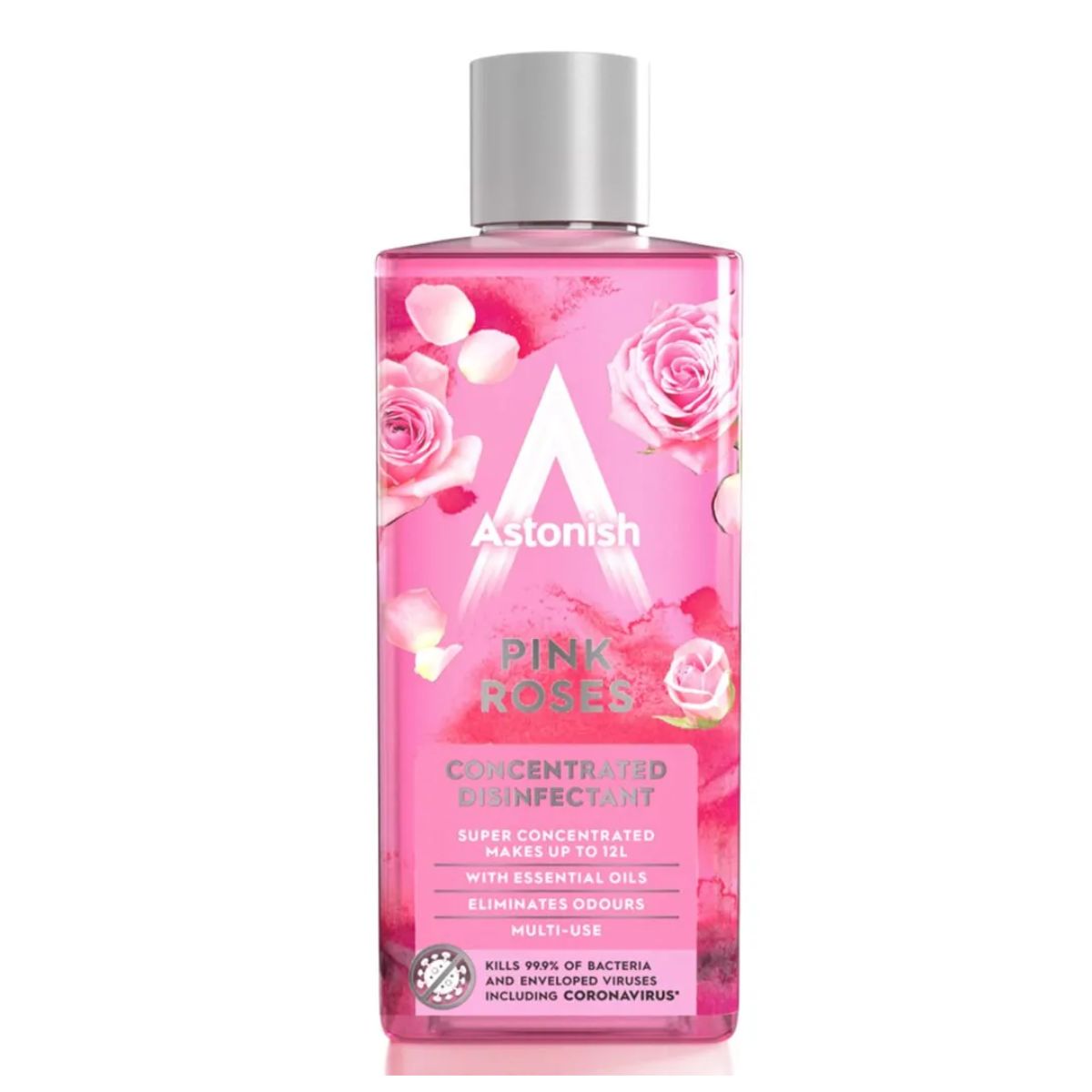 A bottle of Astonish - Disinfectant Pink Roses - 300ml body wash on a white background. A bottle of Astonish - Disinfectant Pink Roses - 300ml body wash on a white background.