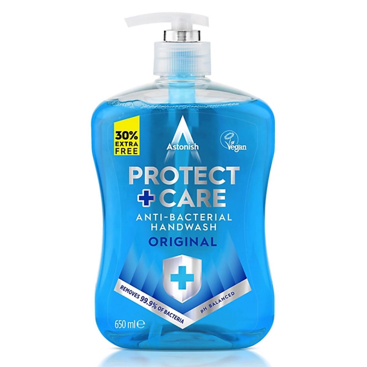 A bottle of Astonish - Protect & Care Anti-Bacterial Liquid Hand Wash - 600ml hand sanitizer.
