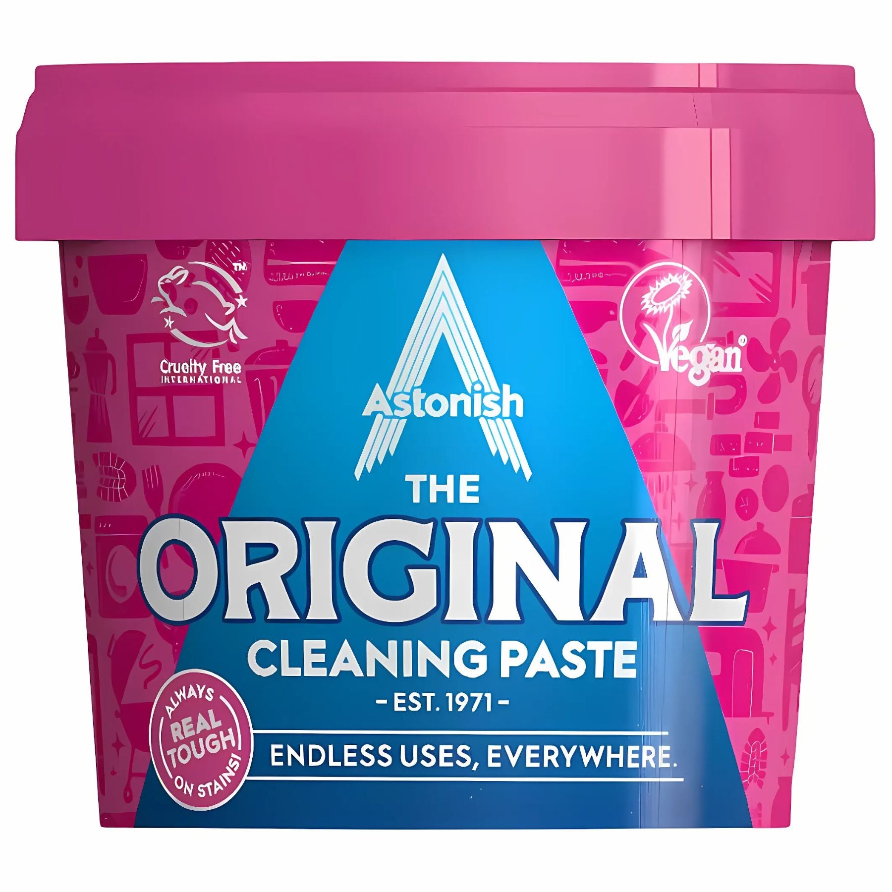 A pink 500g tub labeled "Astonish - The Original Cleaning Paste," a versatile, vegan, and cruelty-free cleaner with the phrase "Endless uses, everywhere. A pink 500g tub labeled "Astonish - The Original Cleaning Paste," a versatile, vegan, and cruelty-free cleaner with the phrase "Endless uses, everywhere.