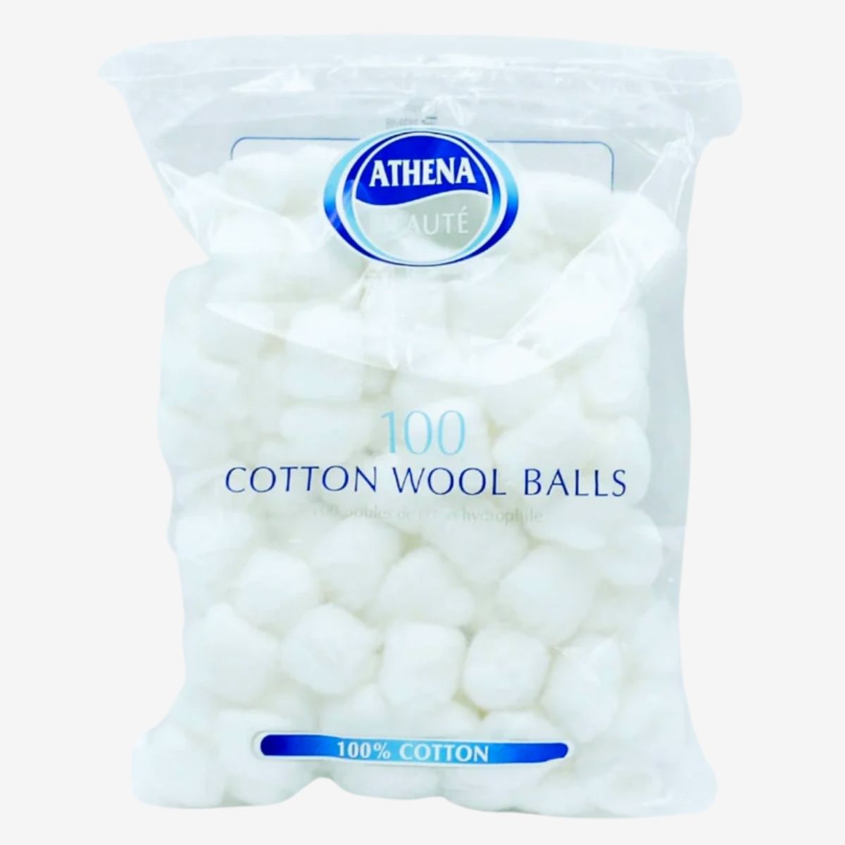 A clear plastic bag with 100 cotton wool balls, branded "Athena" featuring a blue logo, perfect for makeup application or nail varnish removal. A clear plastic bag with 100 cotton wool balls, branded "Athena" featuring a blue logo, perfect for makeup application or nail varnish removal.