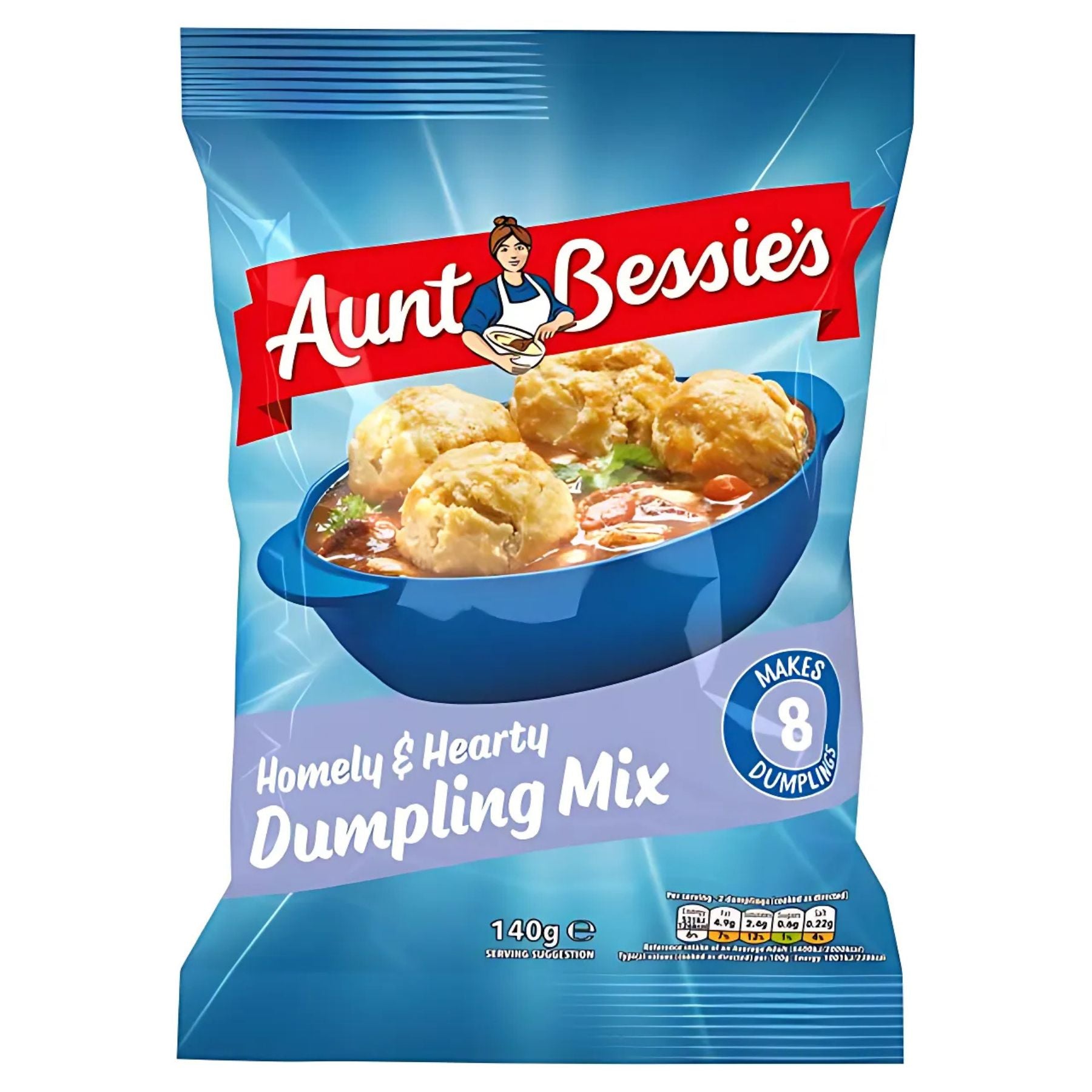 Aunt Bessie's Hearty & Homely Dumpling Mix, 140g, makes 8 stew dumplings and features a blue bowl of fluffy dumplings on the pack. Aunt Bessie's Hearty & Homely Dumpling Mix, 140g, makes 8 stew dumplings and features a blue bowl of fluffy dumplings on the pack.