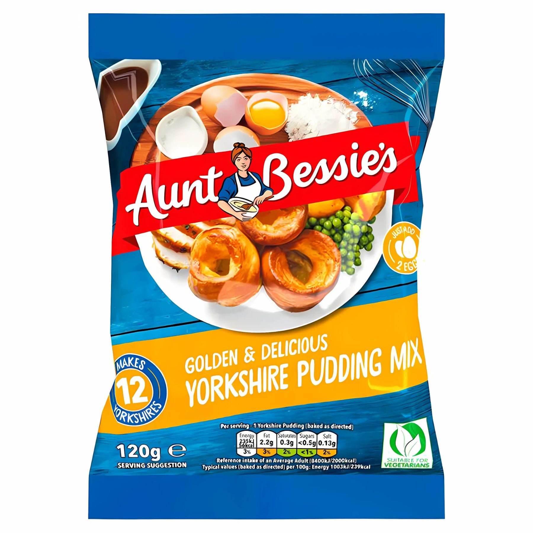Aunt Bessie's Yorkshire Pudding Mix 120g pack features a serving suggestion of easy Yorkshire puddings served with vegetables and eggs on the front. Aunt Bessie's Yorkshire Pudding Mix 120g pack features a serving suggestion of easy Yorkshire puddings served with vegetables and eggs on the front.