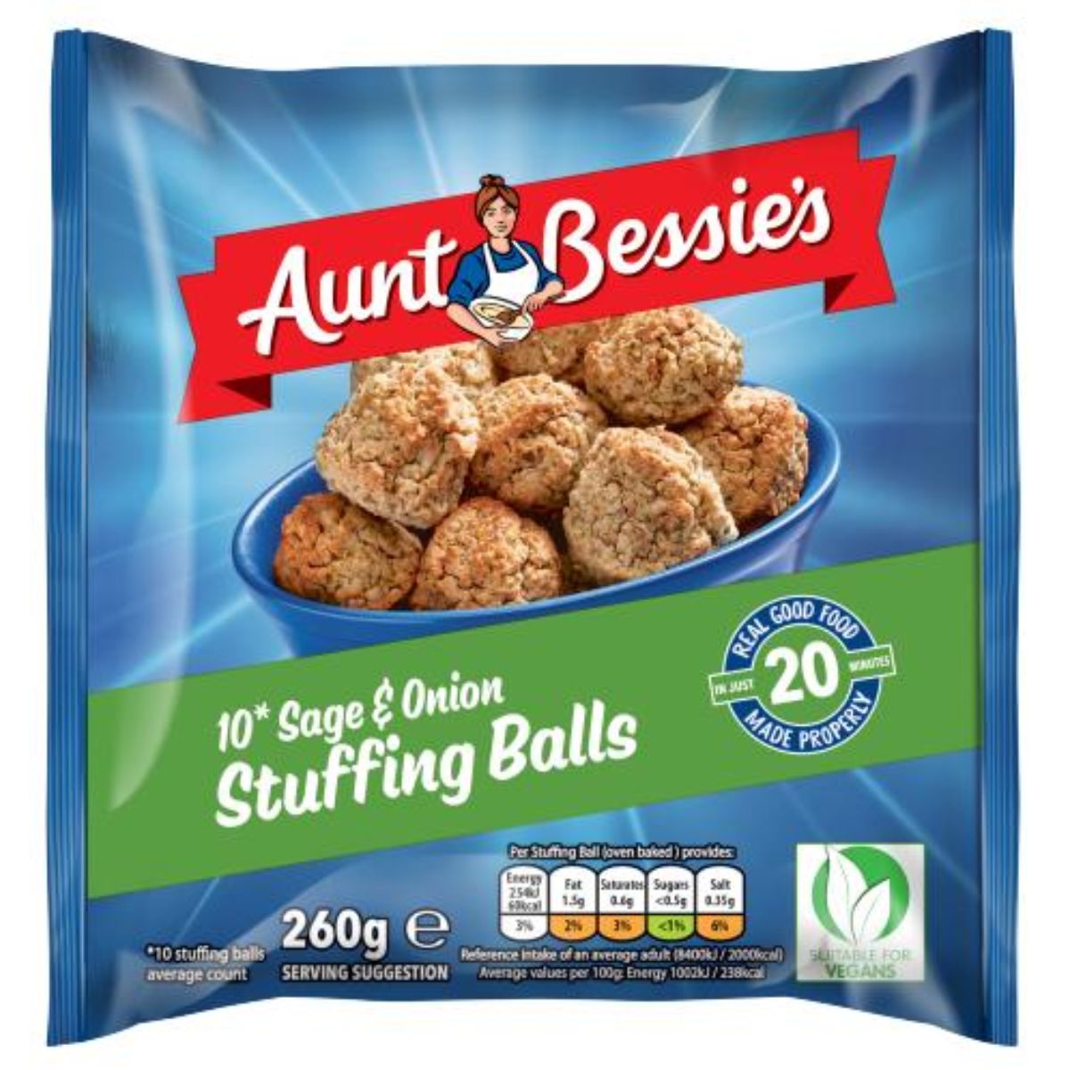 A package of Aunt Bessies - 10 Sage & Onion Stuffing Balls - 260g on a blue background. A package of Aunt Bessies - 10 Sage & Onion Stuffing Balls - 260g on a blue background.