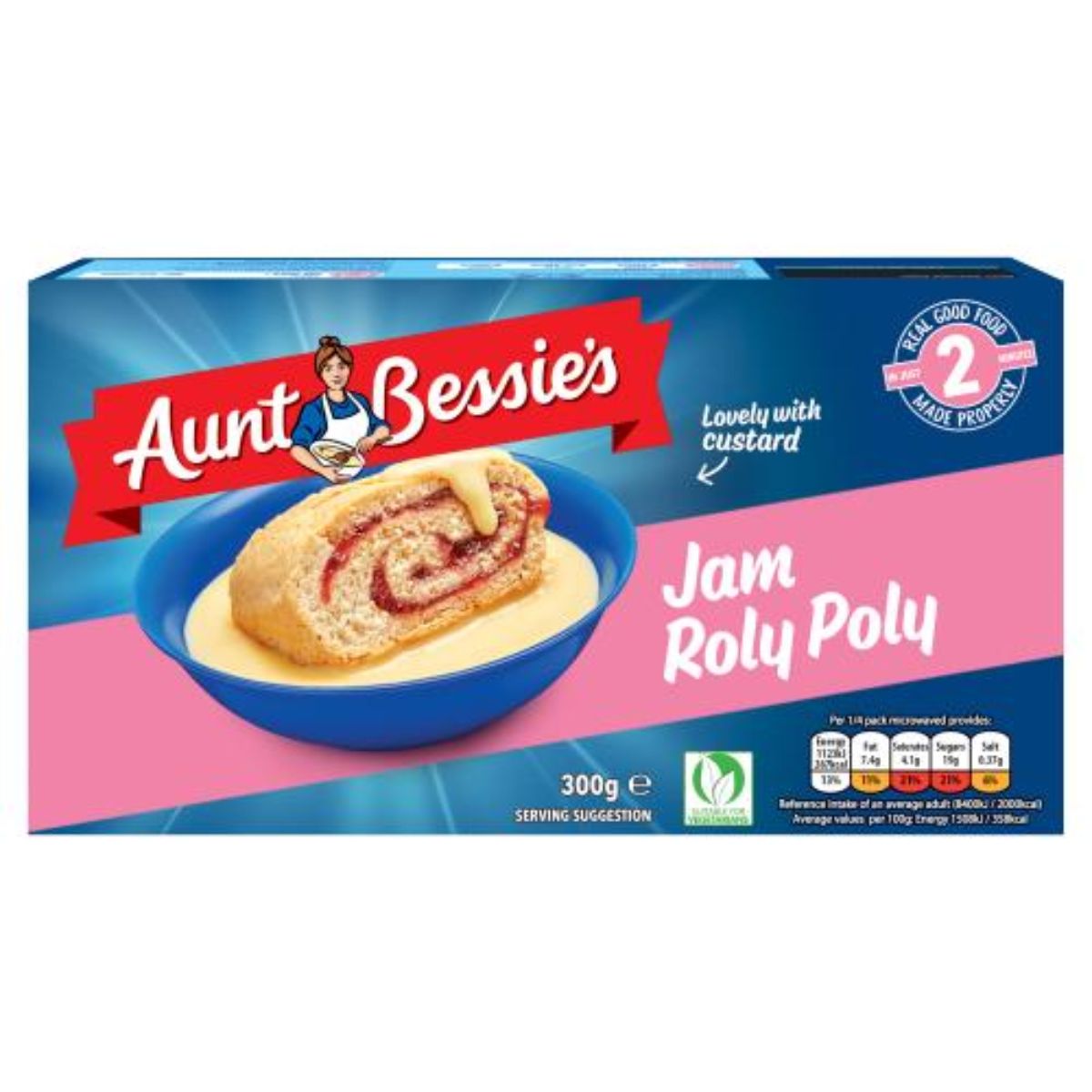 A box of Aunt Bessies - Jam Roly Poly - 300g in a blue bowl. A box of Aunt Bessies - Jam Roly Poly - 300g in a blue bowl.