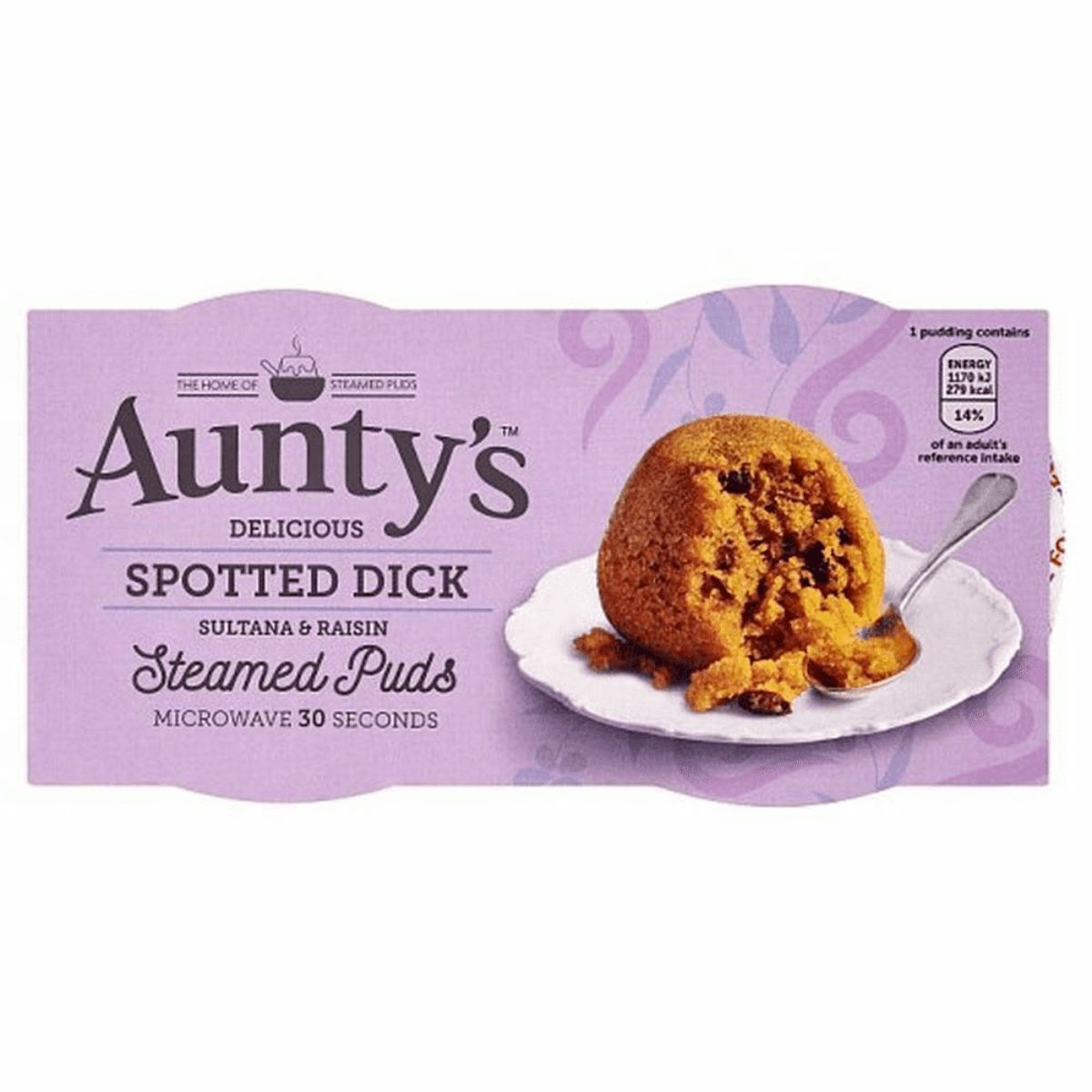 Packaging of Aunty's - Delicious Spotted Dick Steamed Puds - 190g, ready to microwave in 30 seconds.