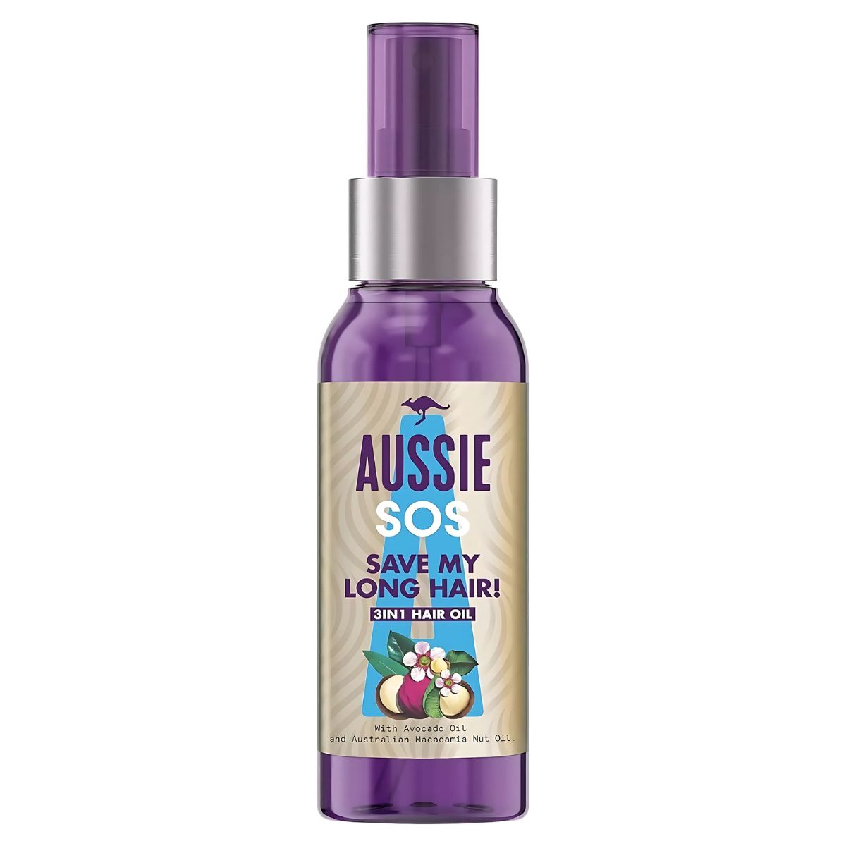 Aussie SOS - Save My Lengths 3 in 1 Hair Oil with avocado and Australian macadamia oils (100ml) in a purple spray bottle, shown against a white background. Aussie SOS - Save My Lengths 3 in 1 Hair Oil with avocado and Australian macadamia oils (100ml) in a purple spray bottle, shown against a white background.