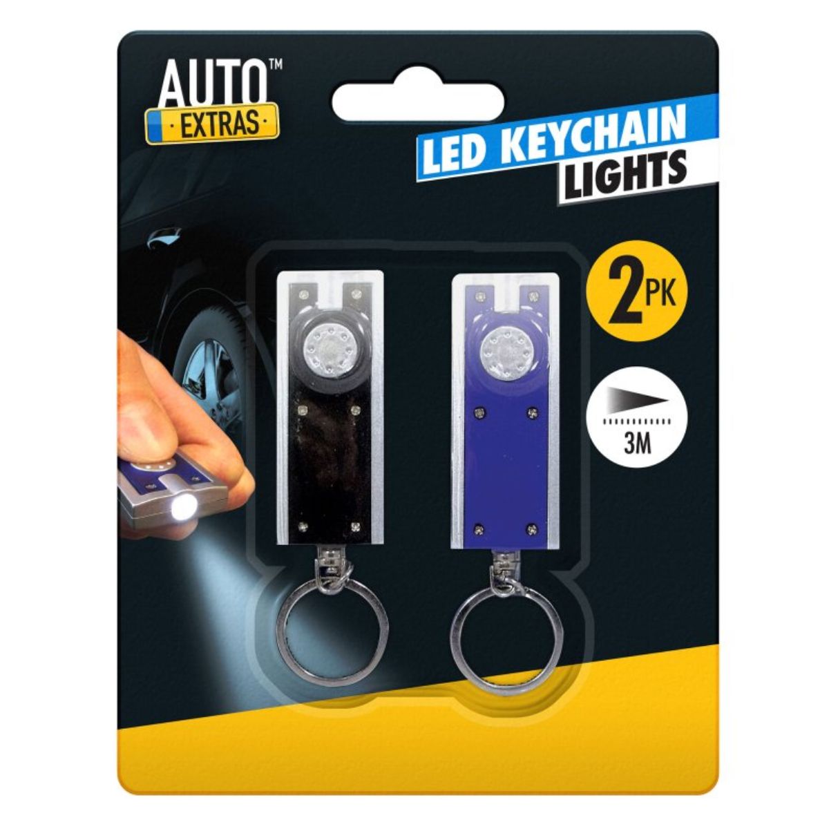 Packaging for a two-pack of Auto Extras - Led Keychain Lights - 2pcs with a 3-meter beam distance claim.
