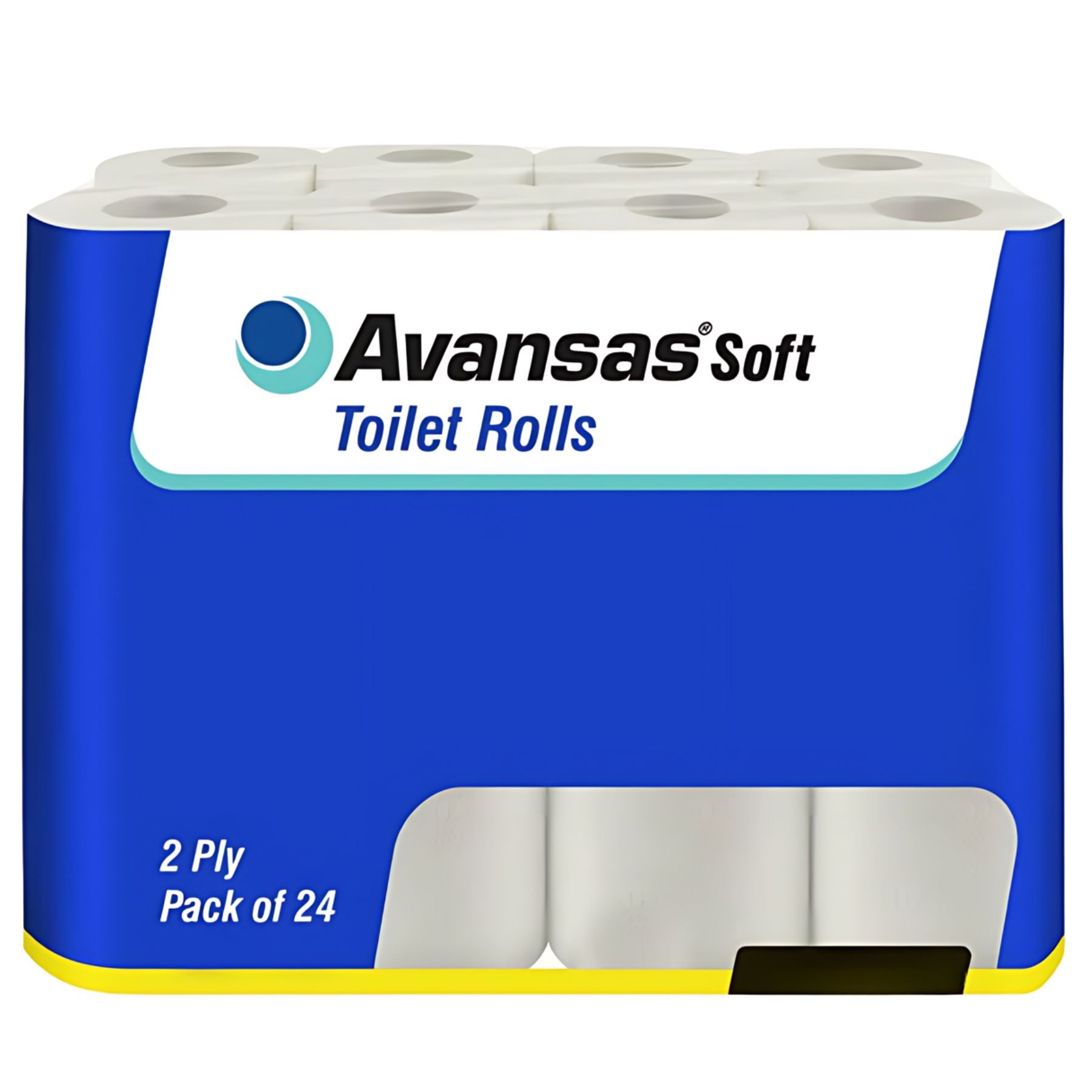 A 24-roll pack of Avansas Toilet Tissues with 2-ply sheets comes in blue and white packaging displaying branding and product details on the front. A 24-roll pack of Avansas Toilet Tissues with 2-ply sheets comes in blue and white packaging displaying branding and product details on the front.