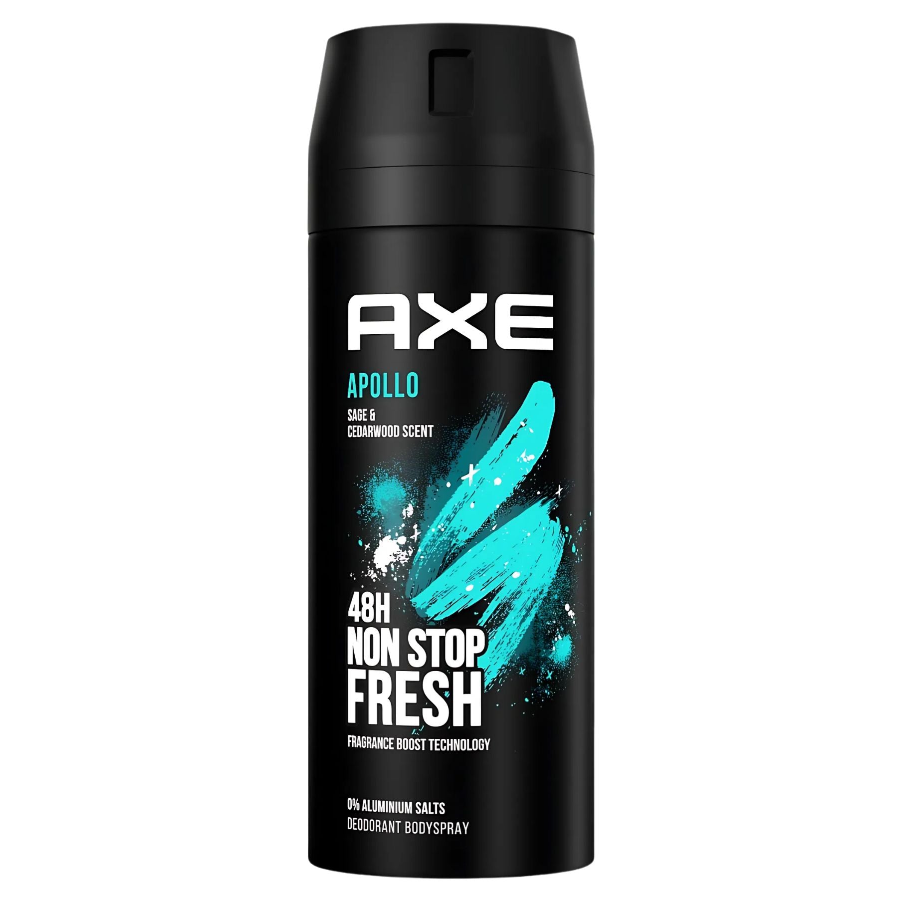 Axe - Apollo Deodorant Body Spray (150ml) by Axe: a black can with turquoise details, featuring "48H Non Stop Fresh" and "Sage & Cedarwood Scent" on the packaging. Axe - Apollo Deodorant Body Spray (150ml) by Axe: a black can with turquoise details, featuring "48H Non Stop Fresh" and "Sage & Cedarwood Scent" on the packaging.