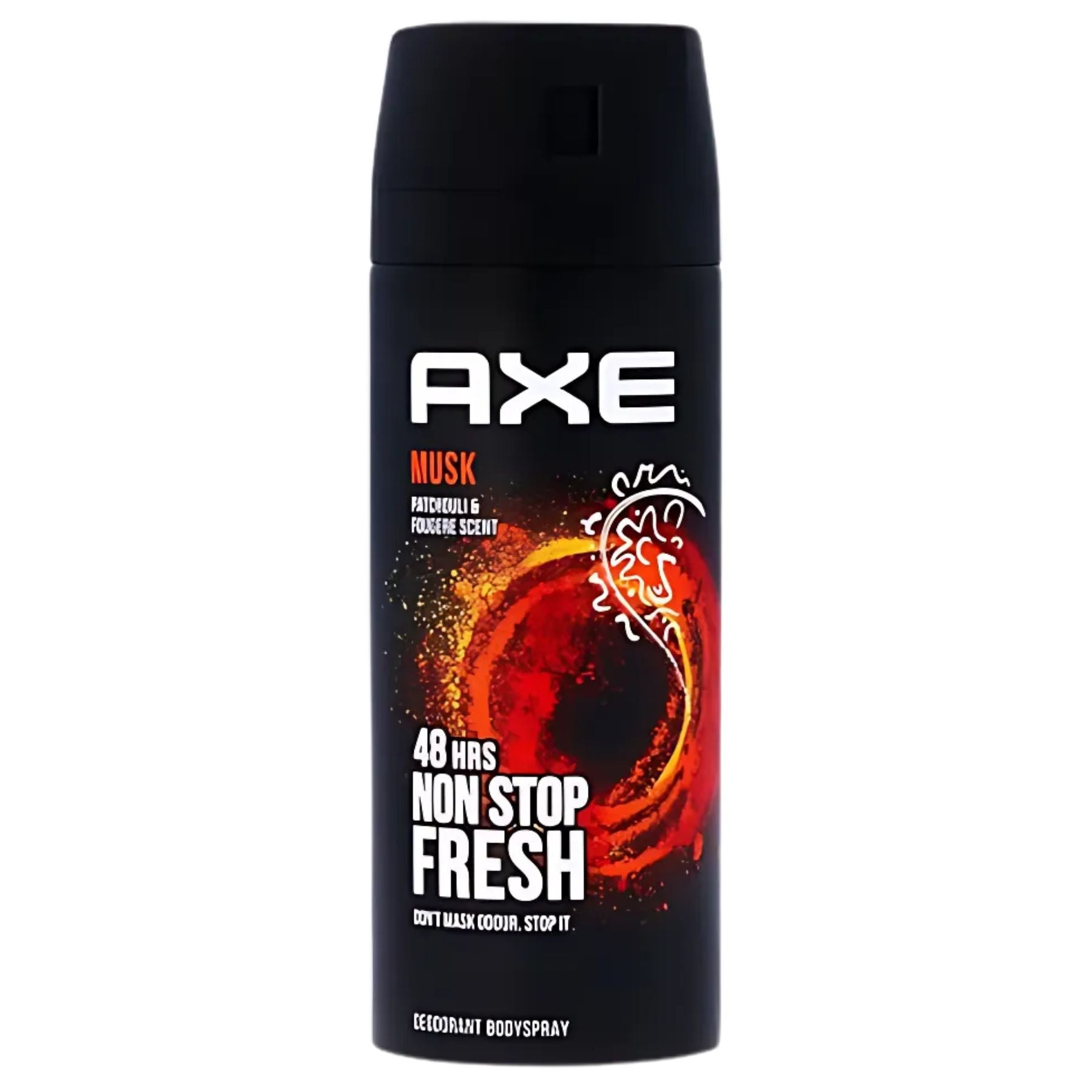 Axe Musk Deodorant Body Spray (150ml) in black packaging with orange graphics features a "48 HRS NON STOP FRESH" label and highlights a patchouli & fougère scent. Axe Musk Deodorant Body Spray (150ml) in black packaging with orange graphics features a "48 HRS NON STOP FRESH" label and highlights a patchouli & fougère scent.