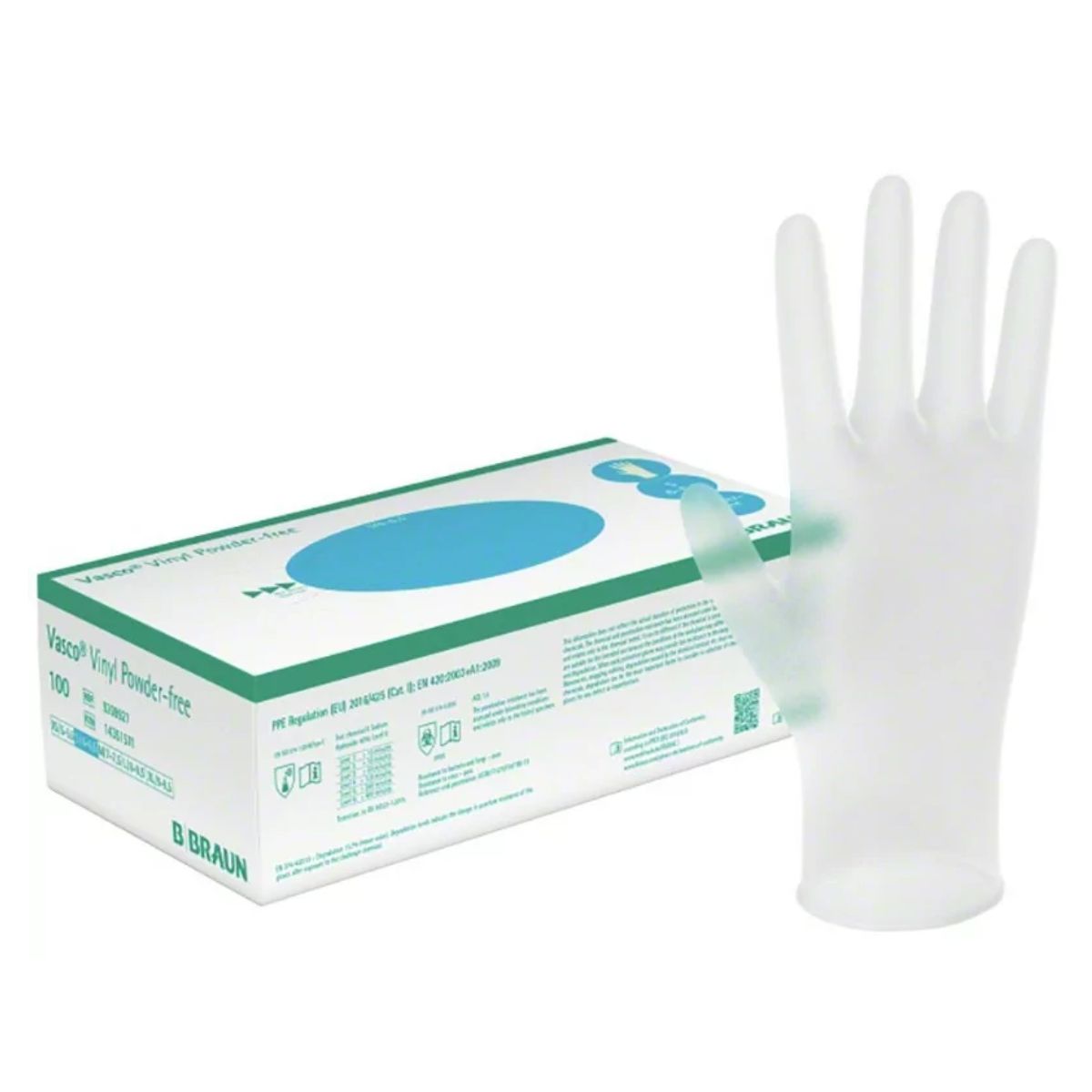 A pair of B Braun - Disposable Vinyl Powder Free Gloves - 100pcs on a white background.