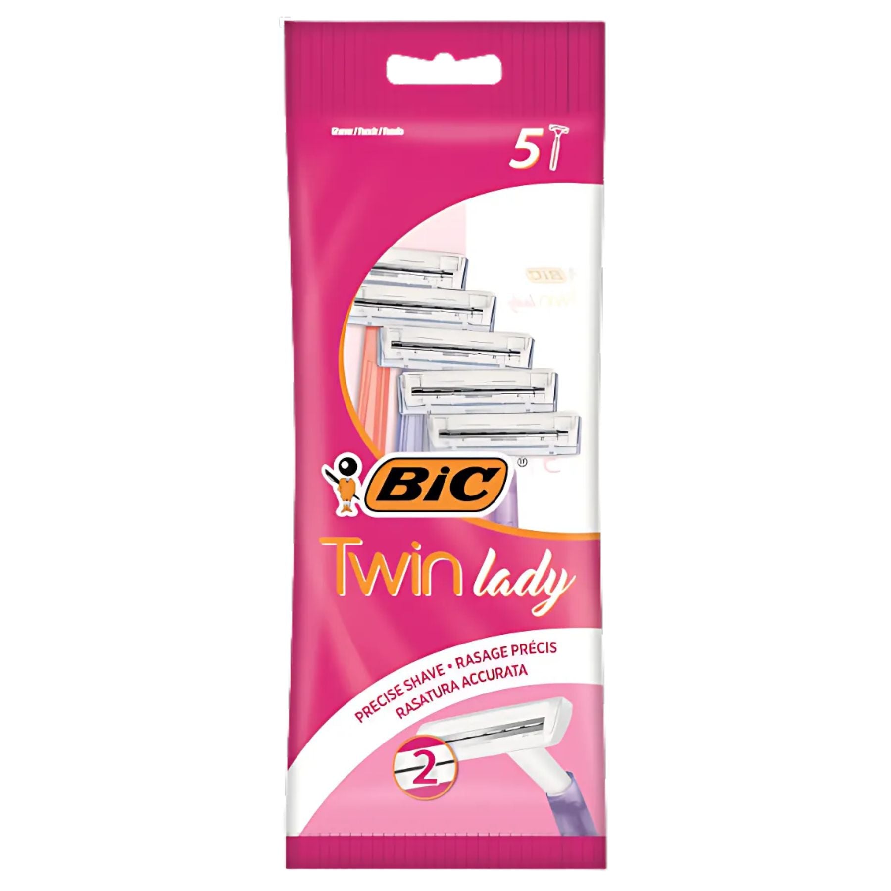 A pink pack of BIC Twin Lady 5pcs disposable razors for women, featuring product and branding images on the front. A pink pack of BIC Twin Lady 5pcs disposable razors for women, featuring product and branding images on the front.