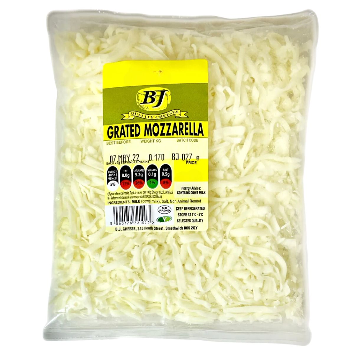 A bag of BJ - Grated Mozzarella Cheese - 170g in a white background.