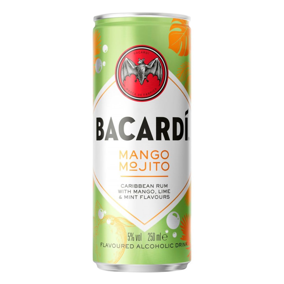 A can of Bacardi - Mango Mojito Flavoured Alcoholic Drink (5% ABV) - 250ml on a white background.