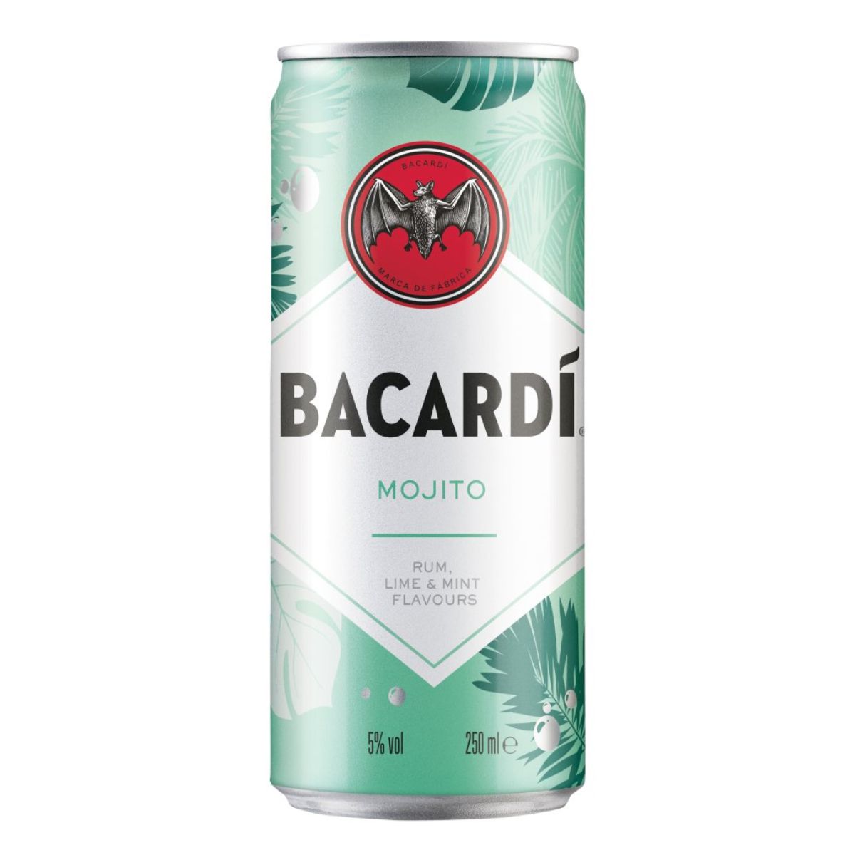 A can of Bacardi - Mojito (5% ABV) - 250ml on a white background.
