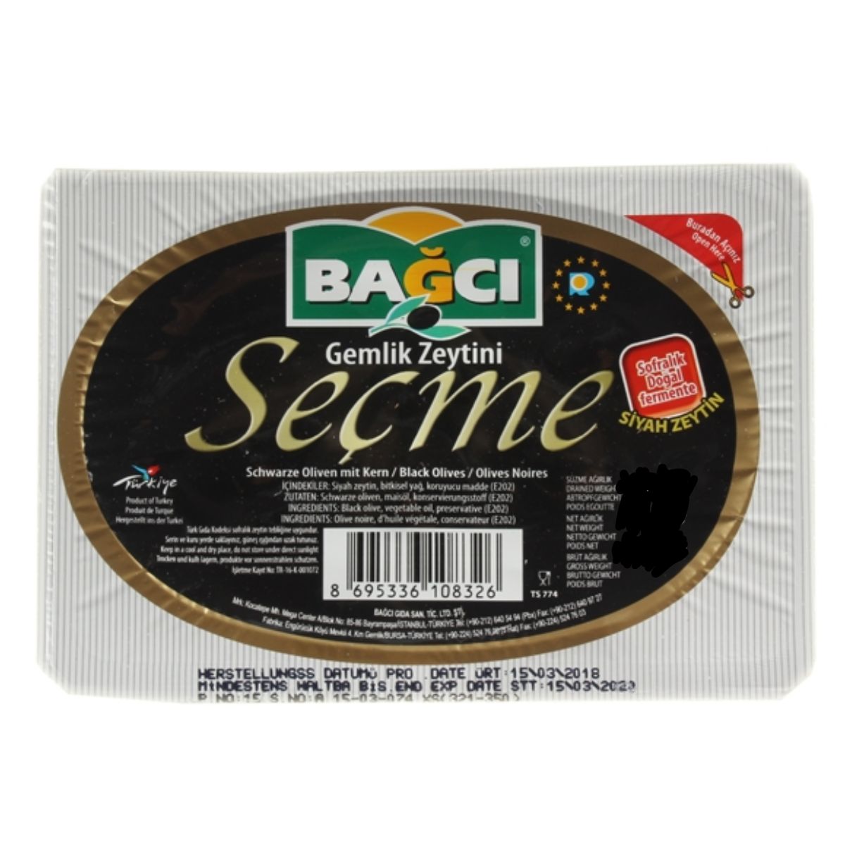 A package of Bagci - Black Olives - 400g on a white background. A package of Bagci - Black Olives - 400g on a white background.