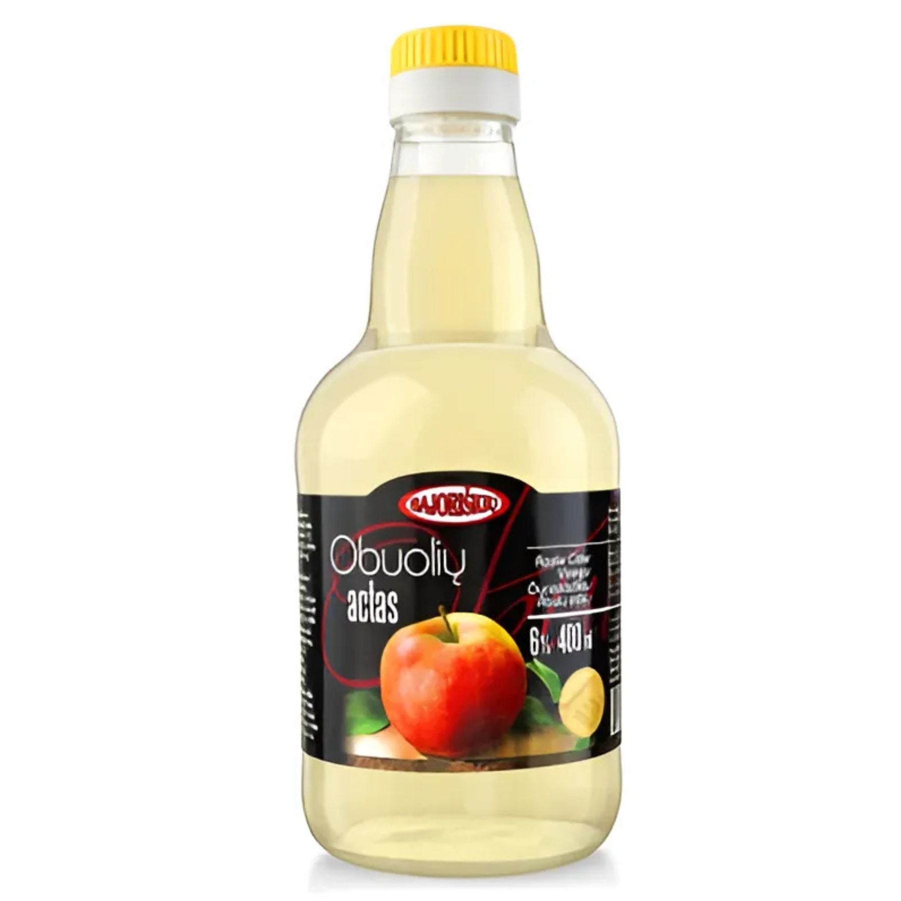 A clear bottle with a yellow cap labeled "Bajoriskiu - Apple Cider Vinegar - 400ml" and an apple image, made from fermented apple juice to support digestion. A clear bottle with a yellow cap labeled "Bajoriskiu - Apple Cider Vinegar - 400ml" and an apple image, made from fermented apple juice to support digestion.