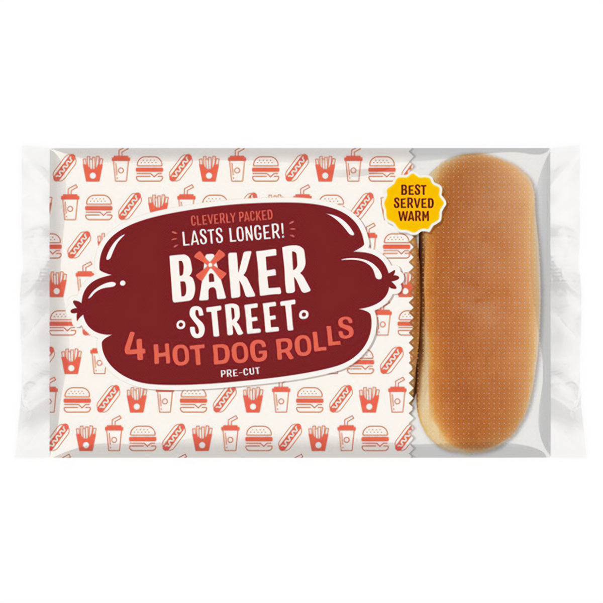 A pack of Baker Street 4 Hot Dog Rolls (4pk), pre-cut, with one bun shown and labeled “Best Served Warm.”. A pack of Baker Street 4 Hot Dog Rolls (4pk), pre-cut, with one bun shown and labeled “Best Served Warm.”.