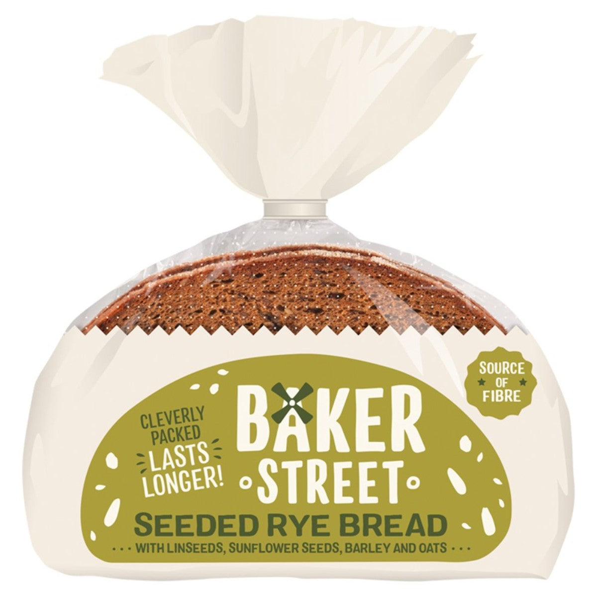 Baker Street - Seeded Rye Bread - 500g packaging includes linseeds, sunflower seeds, barley, and oats, with text highlighting "Lasts Longer" and "Source of Fibre. Baker Street - Seeded Rye Bread - 500g packaging includes linseeds, sunflower seeds, barley, and oats, with text highlighting "Lasts Longer" and "Source of Fibre.