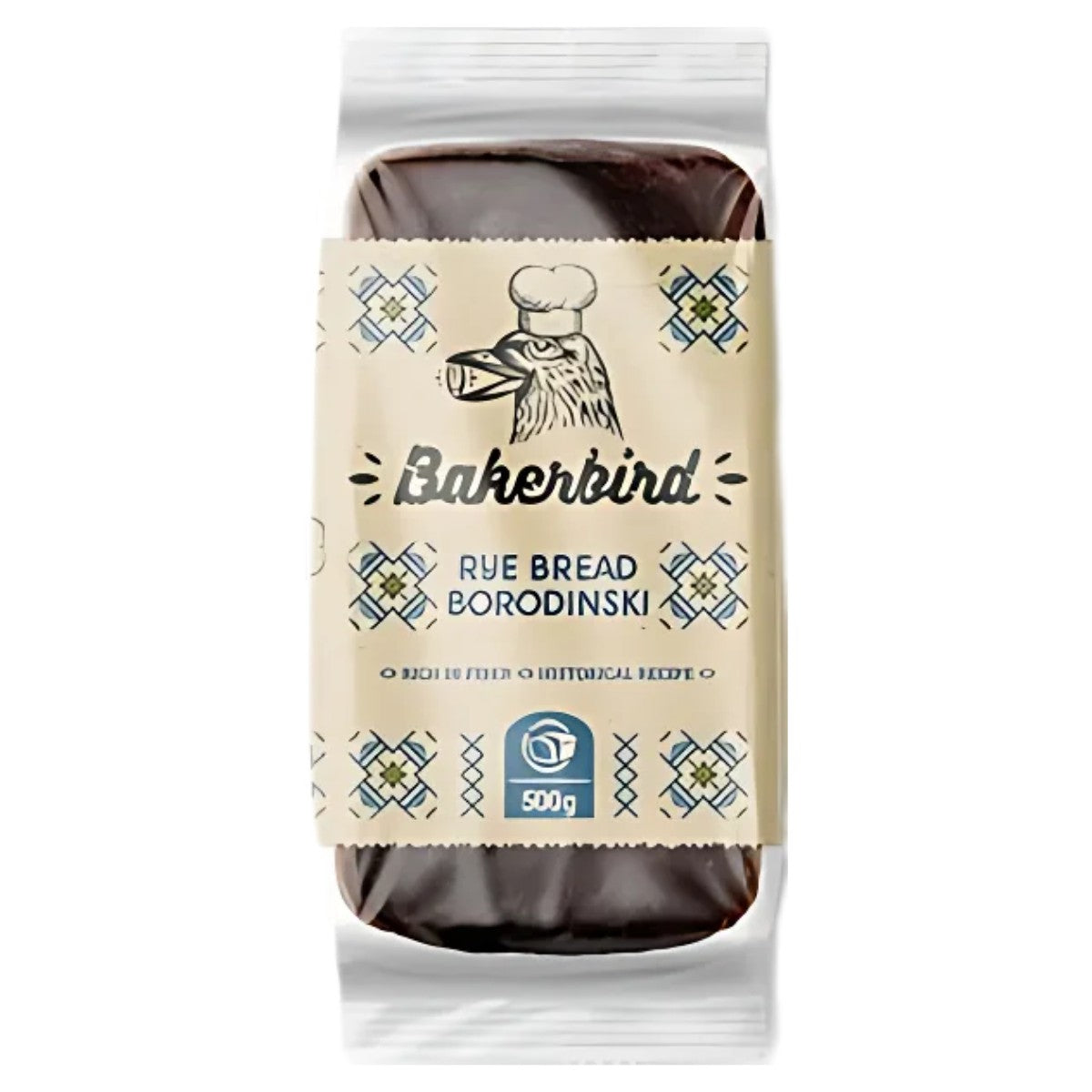 Package of Bakerbird - Rye Bread Borodinski - 500g, featuring decorative blue patterns. Package of Bakerbird - Rye Bread Borodinski - 500g, featuring decorative blue patterns.