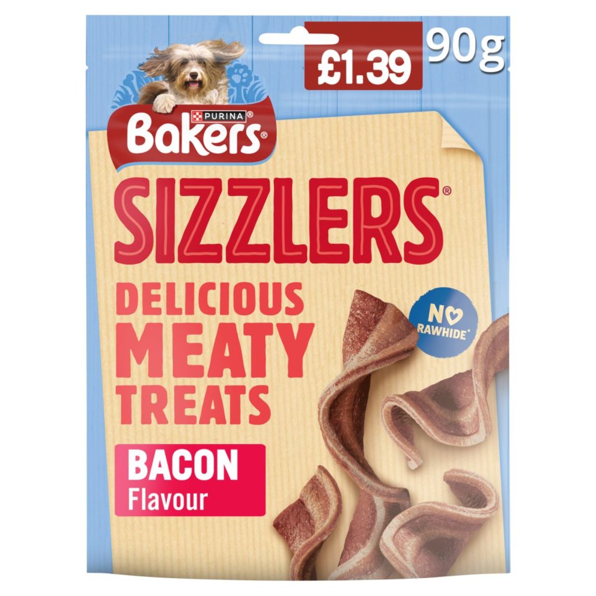 Bakers Sizzlers Delicious Meaty Treats Bacon - 90g is a delicious meaty treat with bacon flavor.