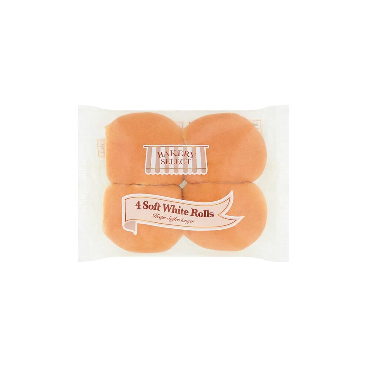 A package of Bakery Select - 4 Soft White Rolls - 4pk on a white background. A package of Bakery Select - 4 Soft White Rolls - 4pk on a white background.