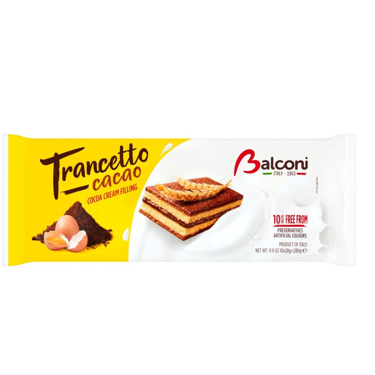 Taste the delectable Balconi - 10 Trancetto Cocoa Sliced Cake Bars - 280g filled with rich cocoa cream. Indulge in the irresistibly delicious Sacramento 125g treat.