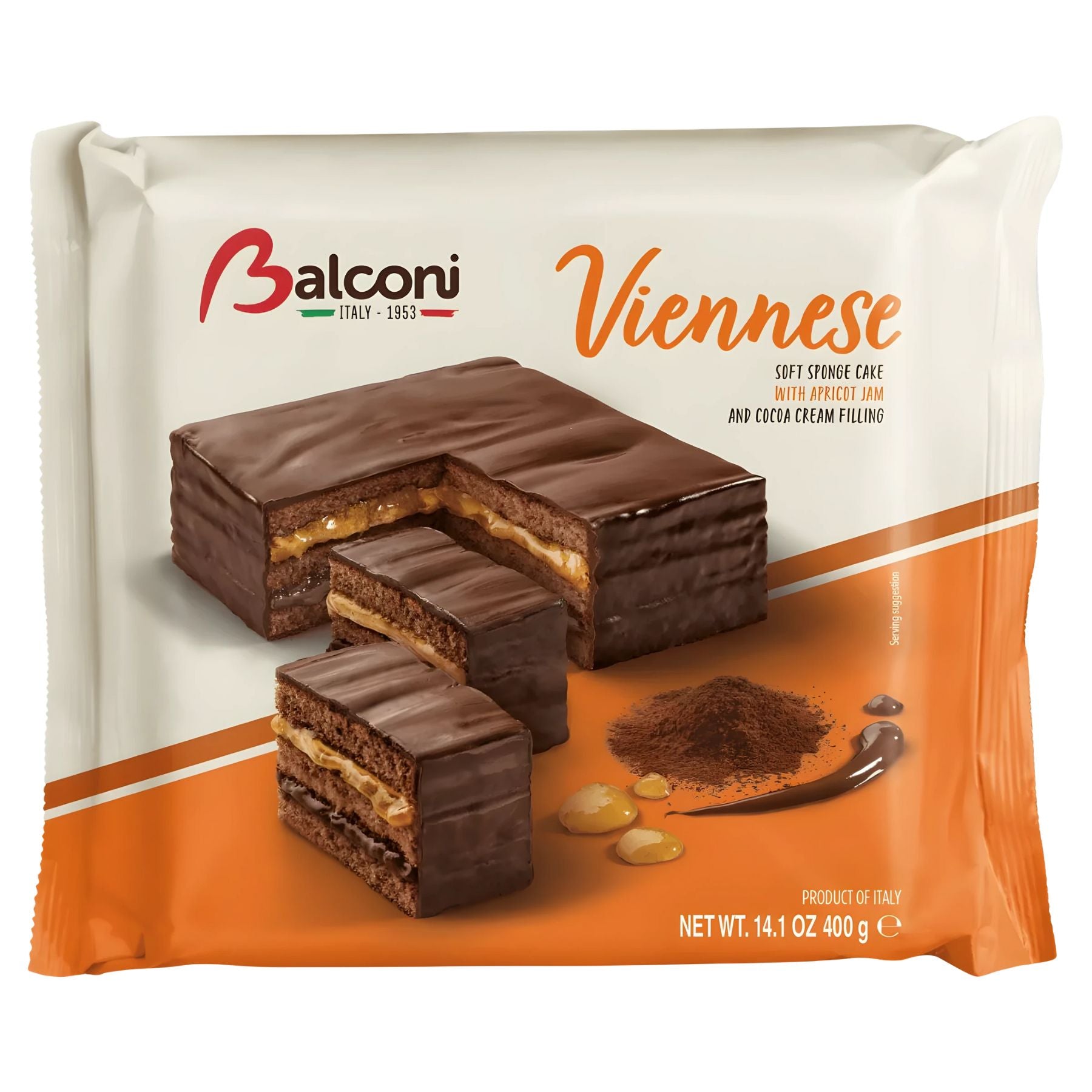A 400g pack of Balconi Cake with Apricot Jam & Cocoa Cream, featuring an image of the sliced cake, cocoa powder, and apricots on the front. A 400g pack of Balconi Cake with Apricot Jam & Cocoa Cream, featuring an image of the sliced cake, cocoa powder, and apricots on the front.