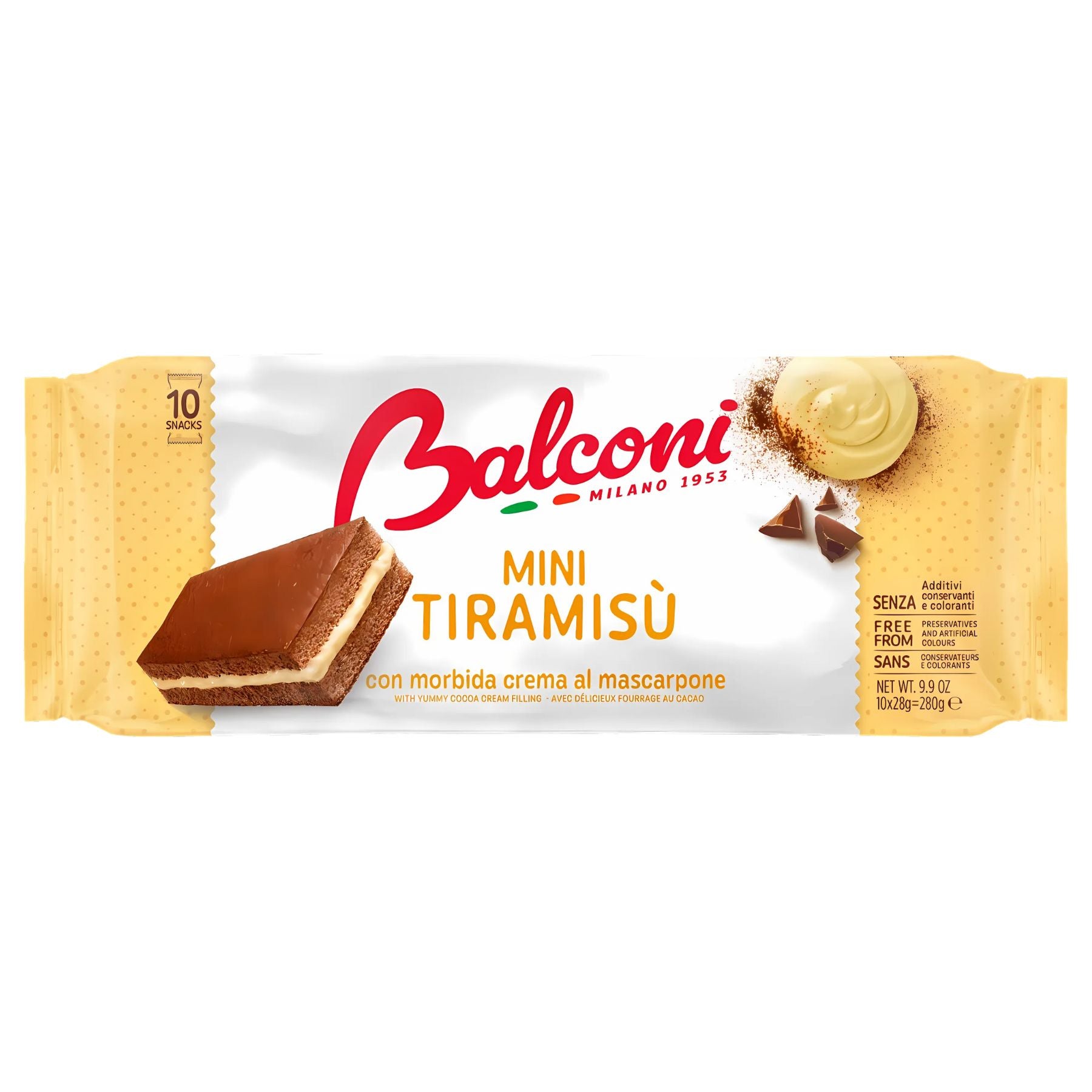 A pack of Balconi Mini Tiramisu With Velvety Mascarpone Cream (10 slices, 300g), featuring an image of the dessert and cream, is proudly labeled free from GMOs and hydrogenated fats. A pack of Balconi Mini Tiramisu With Velvety Mascarpone Cream (10 slices, 300g), featuring an image of the dessert and cream, is proudly labeled free from GMOs and hydrogenated fats.