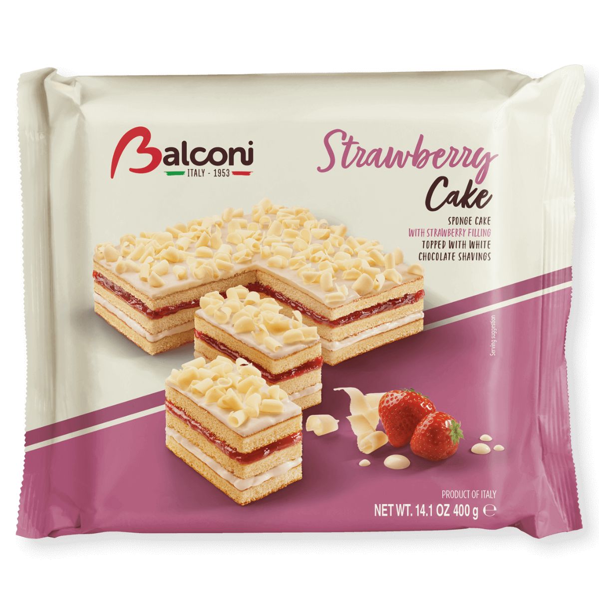A bag of Balconi - Strawberry Cake - 400g on a white background.