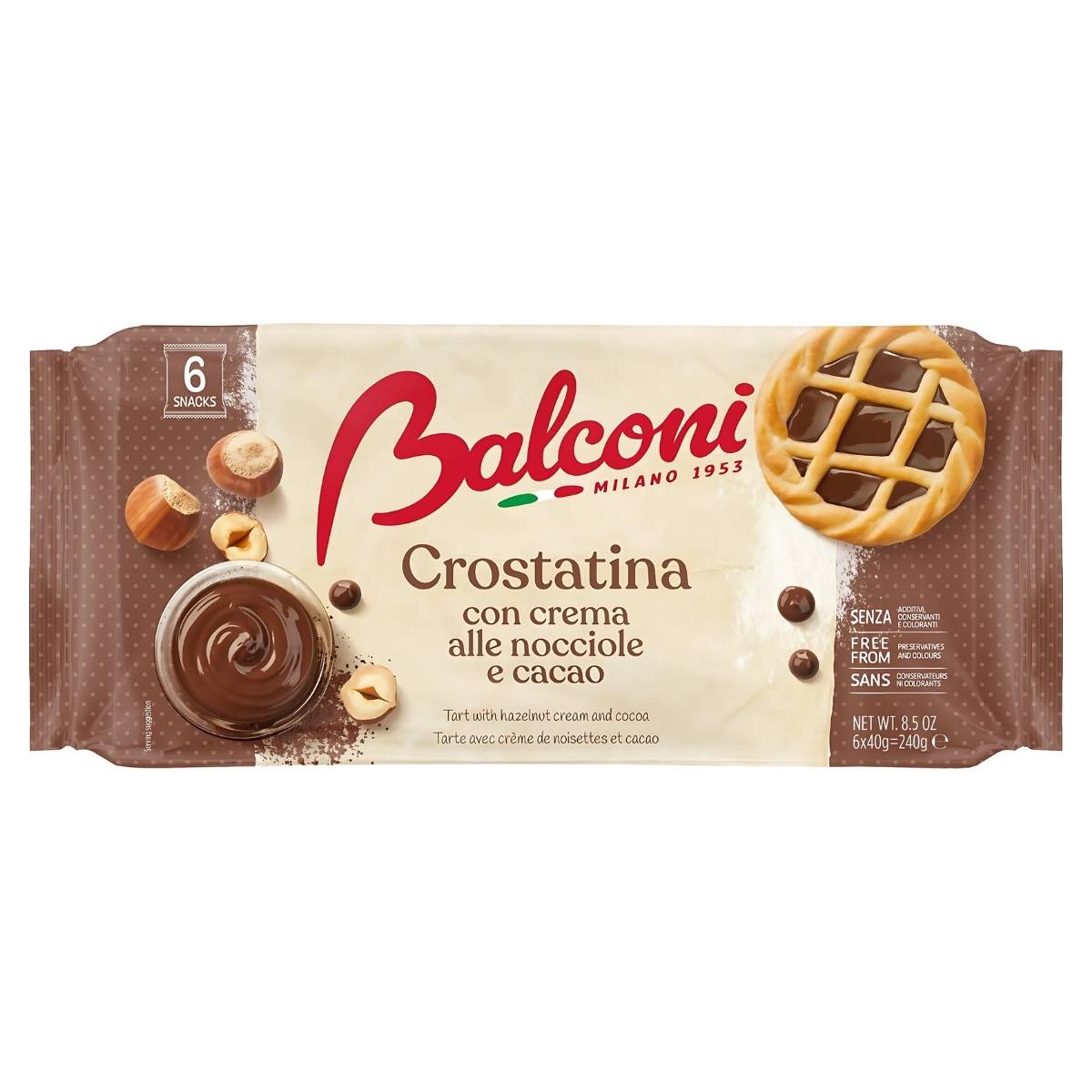 Balconi - Tartlet With Hazelnut And Cocoa Cream (240g) features a rich hazelnut cocoa filling, with tartlet, hazelnuts, and chocolate pictured on the packaging—an indulgent snack for any occasion. Balconi - Tartlet With Hazelnut And Cocoa Cream (240g) features a rich hazelnut cocoa filling, with tartlet, hazelnuts, and chocolate pictured on the packaging—an indulgent snack for any occasion.