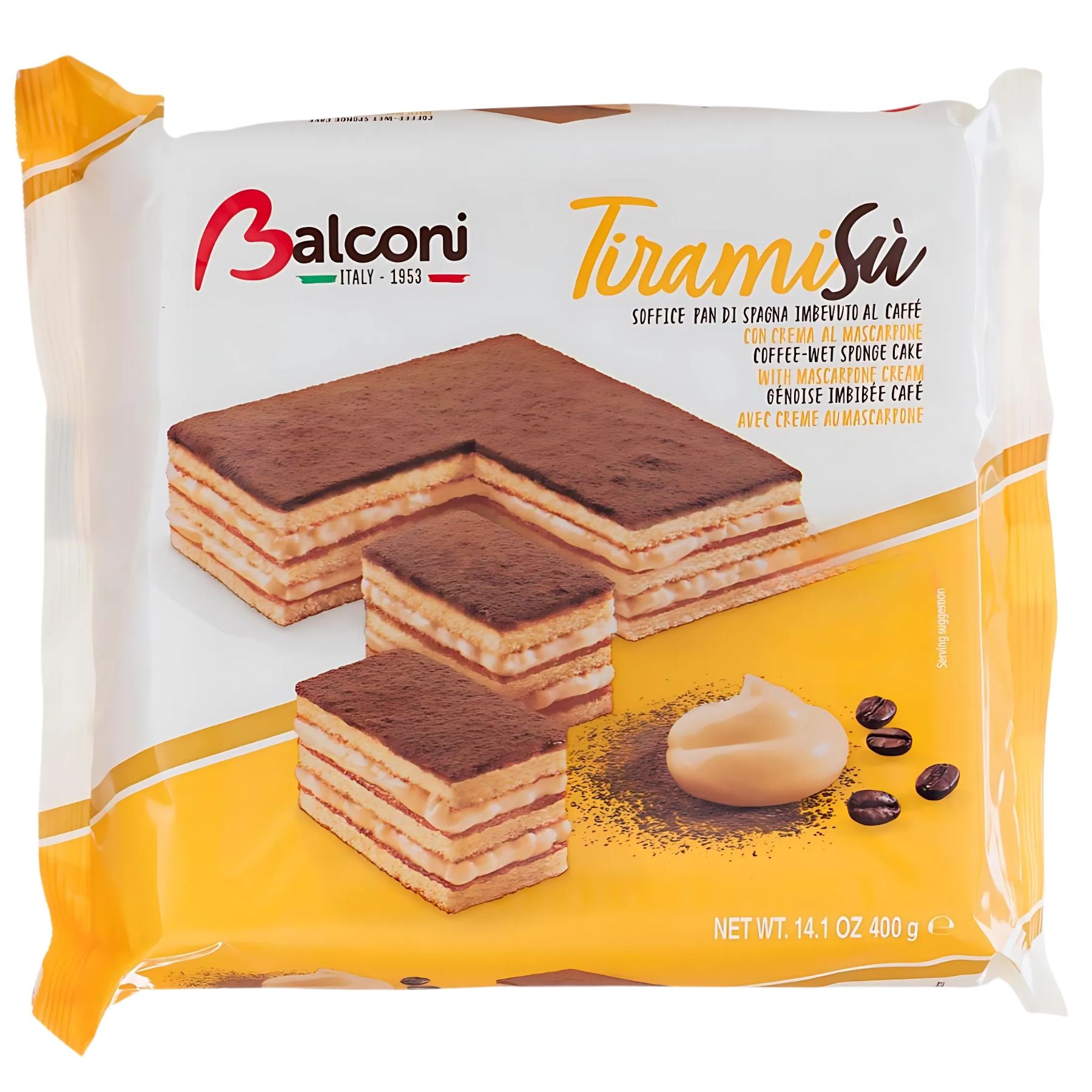 Front of a Balconi - Tiramisu Cake - 400g package showing images of tiramisu-flavored confectionary squares and descriptive text about the cake and its 400g weight. Front of a Balconi - Tiramisu Cake - 400g package showing images of tiramisu-flavored confectionary squares and descriptive text about the cake and its 400g weight.
