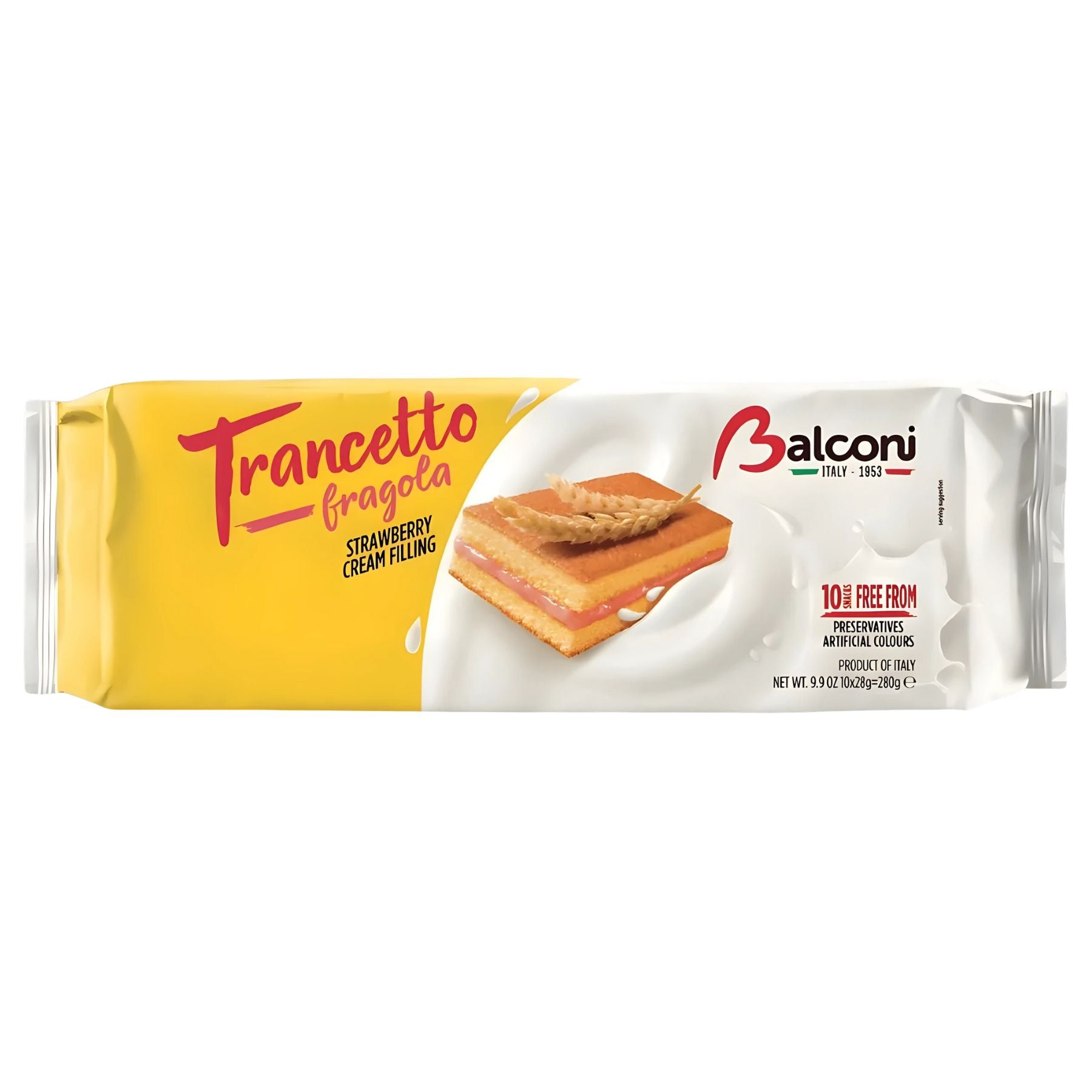 Balconi - Trancetto Cake Slices with Strawberry Cream, 280g, featuring layers of strawberry cream. The package highlights no preservatives or artificial colors on a white and yellow background. Balconi - Trancetto Cake Slices with Strawberry Cream, 280g, featuring layers of strawberry cream. The package highlights no preservatives or artificial colors on a white and yellow background.