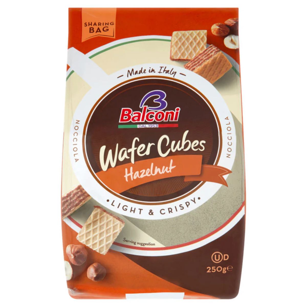 250g package of Balconi Wafer Cubes Hazelnut, branded as "Made in Italy," featuring images of wafer cubes and hazelnuts along with the text "Light & Crispy. 250g package of Balconi Wafer Cubes Hazelnut, branded as "Made in Italy," featuring images of wafer cubes and hazelnuts along with the text "Light & Crispy.