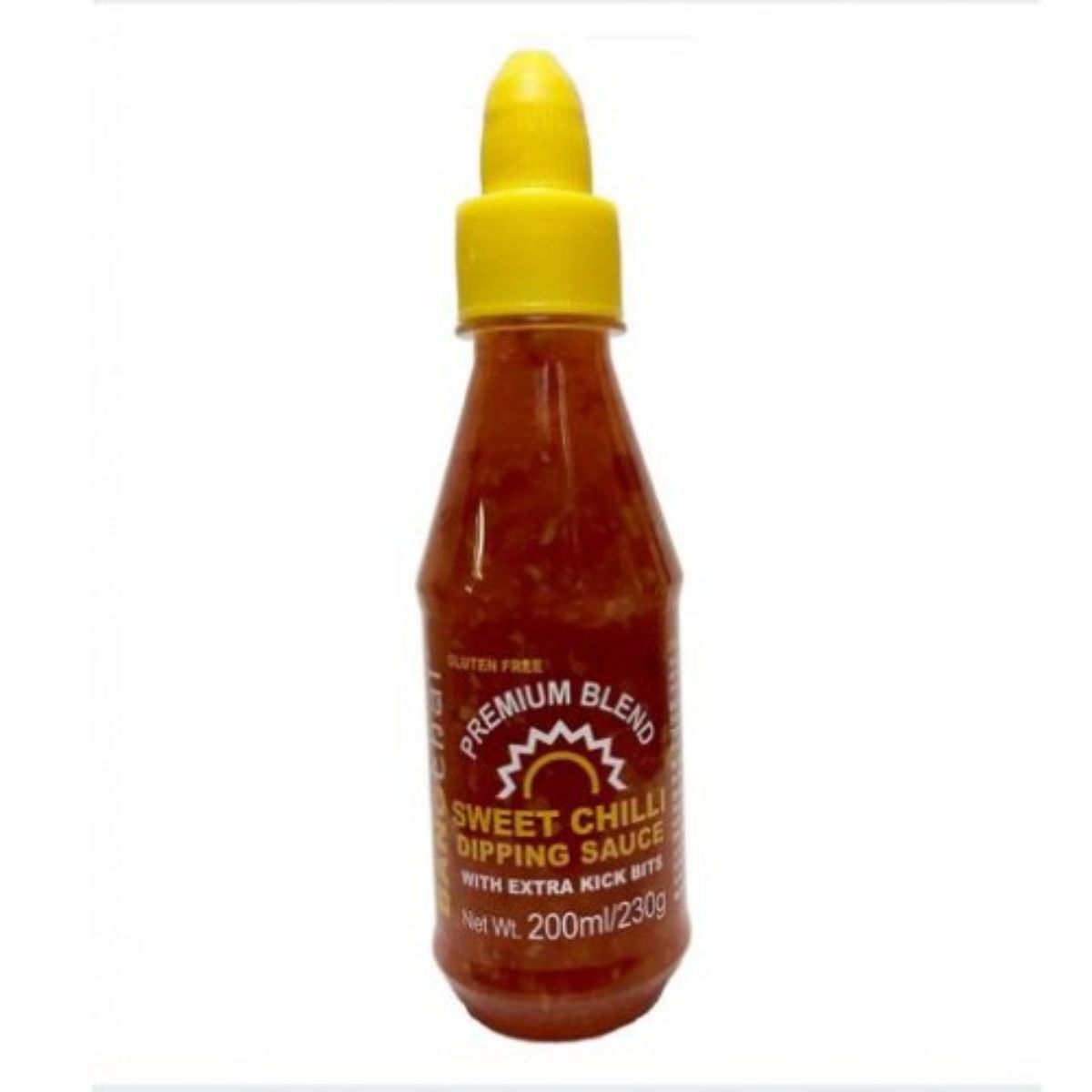 A bottle of Bang - Sweet Chilli Sauce - 200ml with a yellow cap, labeled "premium blend" and "gluten free," containing 200ml of the sauce.