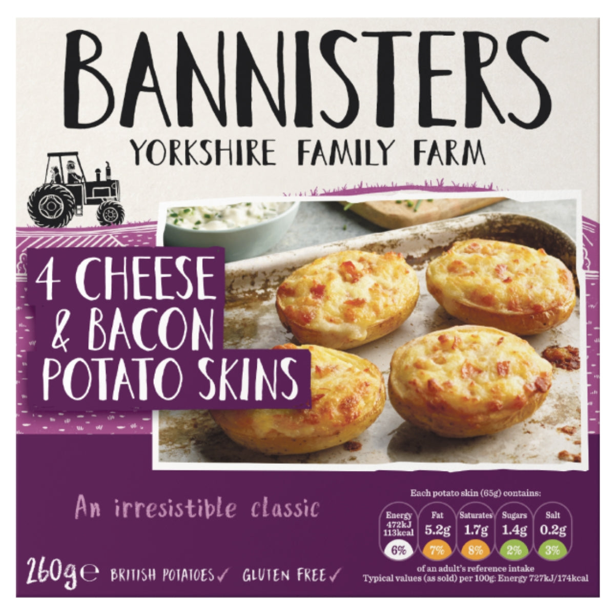 Bannisters 4 Cheese & Bacon Potato Skins - 260g. Bannisters 4 Cheese & Bacon Potato Skins - 260g.