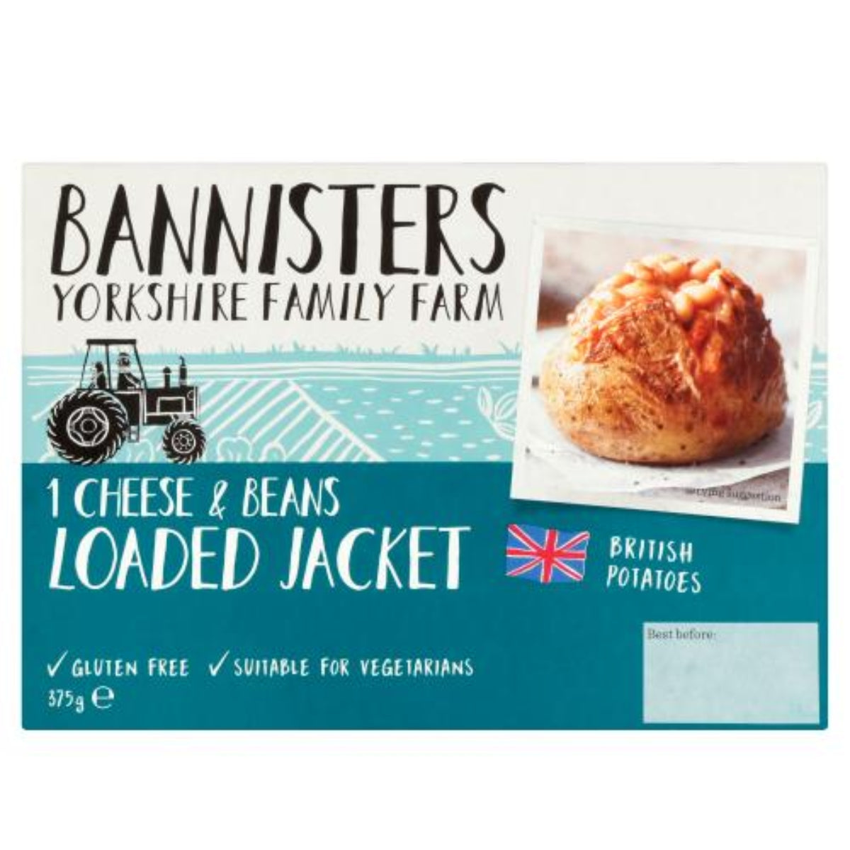 Box of Bannisters 1x Cheese & Beans Loaded Jacket Potato (375g), showing a baked potato image and product details, labeled gluten-free and vegetarian-friendly. Box of Bannisters 1x Cheese & Beans Loaded Jacket Potato (375g), showing a baked potato image and product details, labeled gluten-free and vegetarian-friendly.