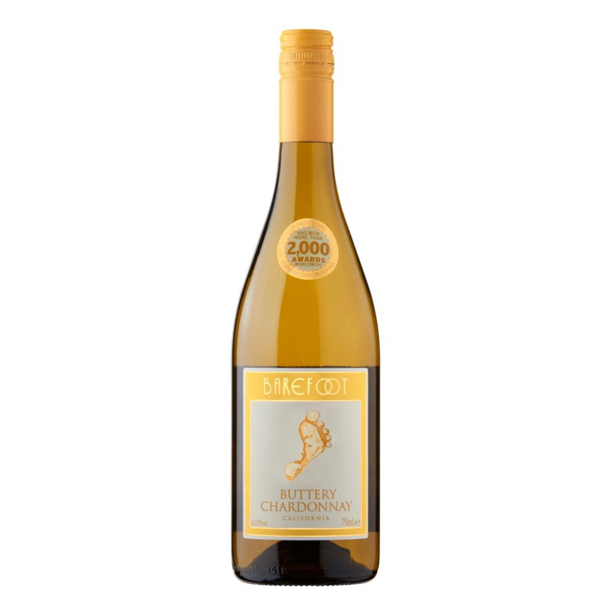 A bottle of Barefoot - Buttery Chardonnay White Wine (13.5% ABV) - 750ml on a white background.